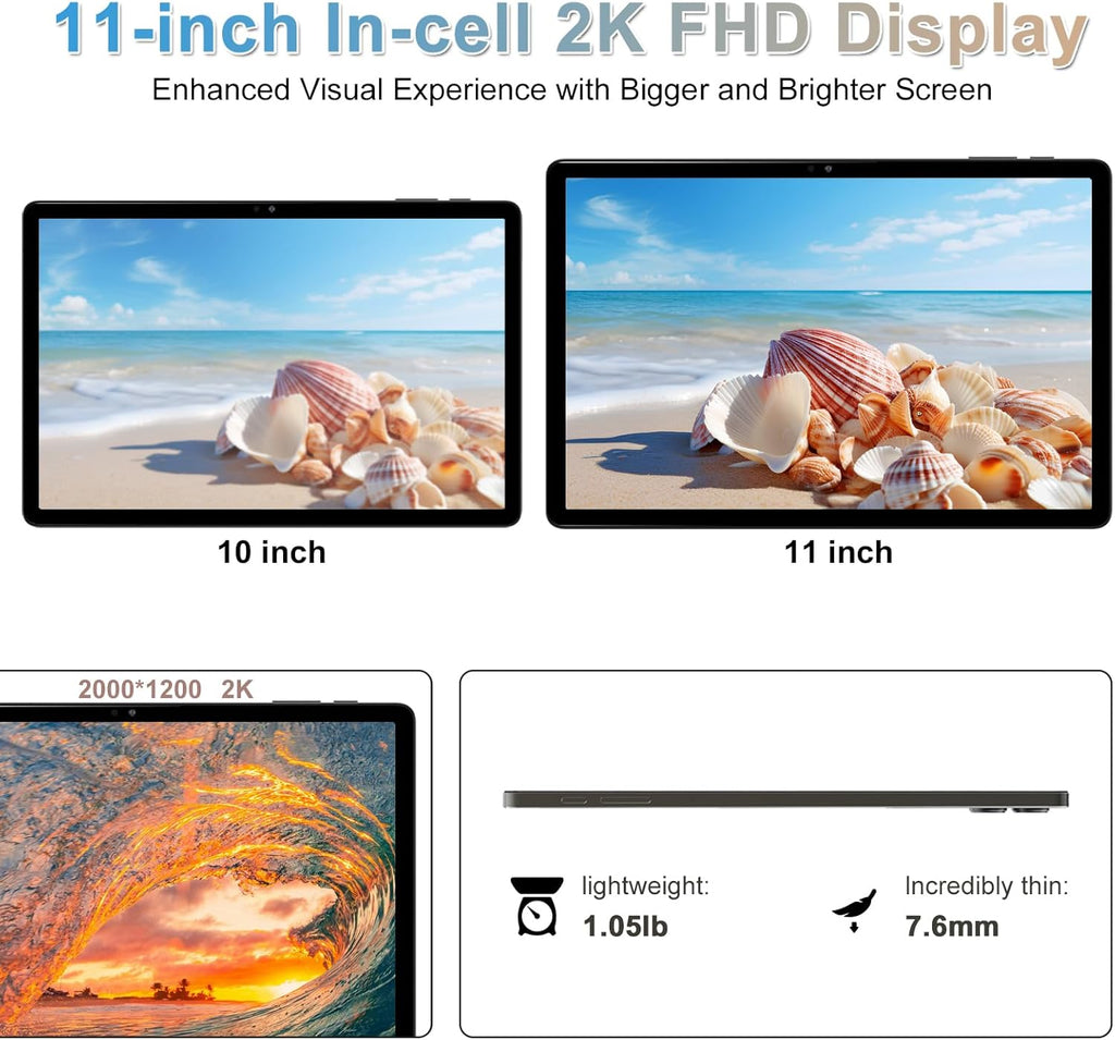 2026 Latest 11 inch Android Tablet, 18GB RAM, 128GB ROM, 1TB Expand, 2K Display, T616 Octa-Core, 5G WiFi, 13MP+5MP+5MP Camera, GPS, 9000mAh, Tablet with Case/Keyboard/Pen, Quad Speakers