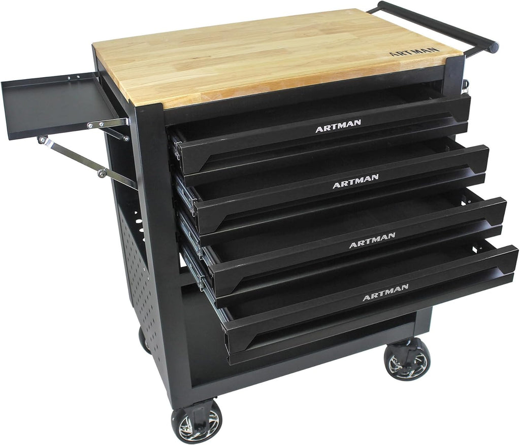 JOYBASE Rolling Tool Chest with 4 Drawers & Wood Top, Heavy Duty Steel Tool Cart on Wheels, Mobile Garage Organizer & Storage Cabinet for Workshop & Mechanic (Black)