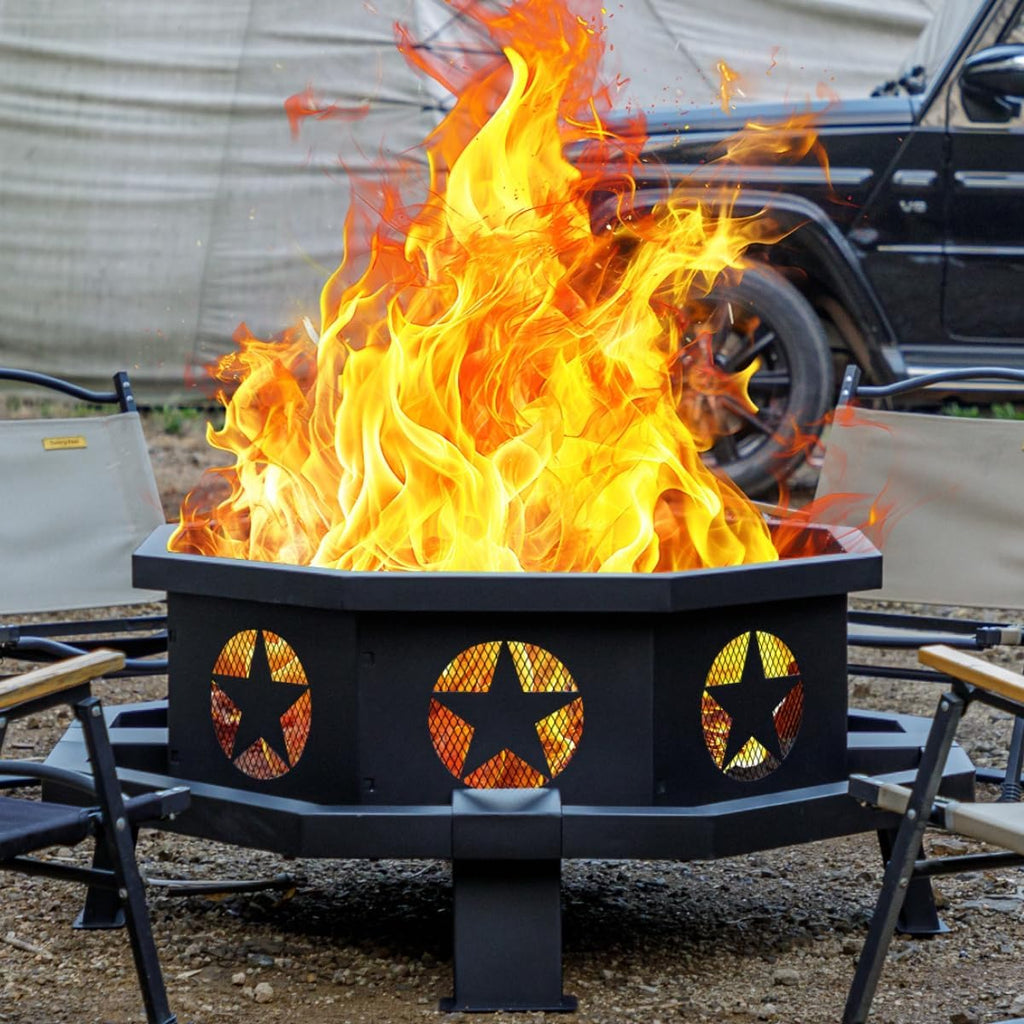 Panovue 42 inch Fire Pit for Outside, Heavy Duty Wood Burning Fire Pits with Fire Poker, Outdoor Octagonal Firepit for Camping, Yard, Patio