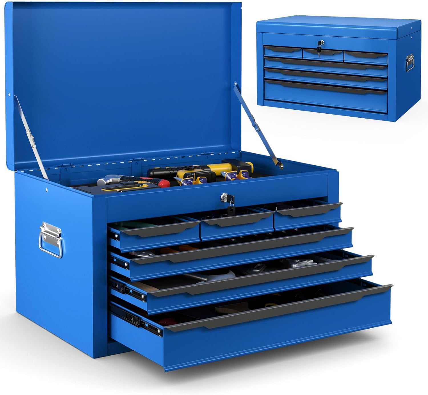 ERGOMASTER 24'' Steel Tool Box, Blue Metal Tool Box with 6 Drawers, Lockable Tool Chest Cabinet Storage Toolbox for Garage, Workshop