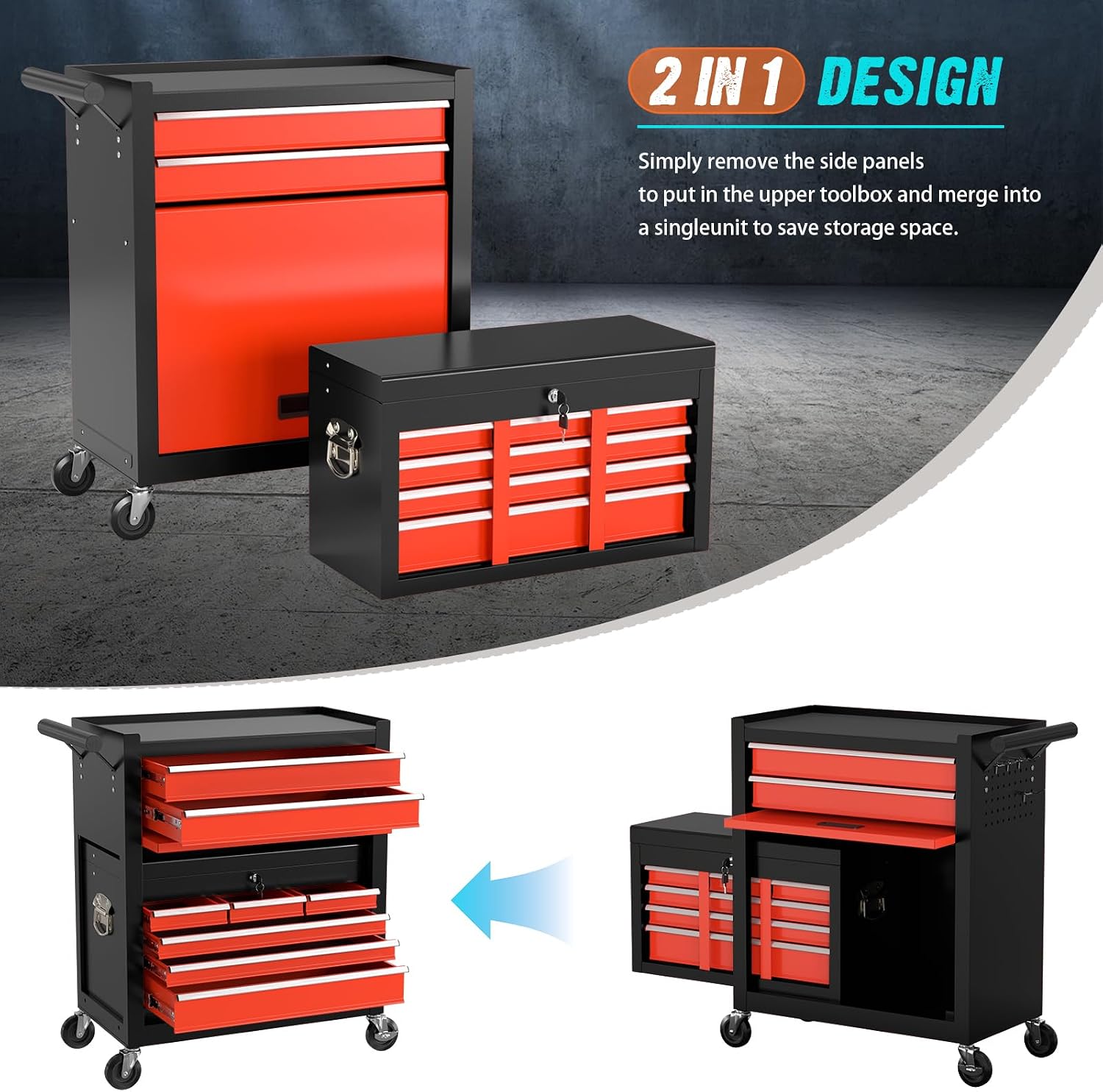 8-Drawer Rolling Tool Chest with Wheels, 2-in-1 Detachable Tool Box with Drawers and Large Cabinet, Rolling Tool Chest Storage Cabinet with Lockable for Warehouse, Garage, Workshop (BlackRed)