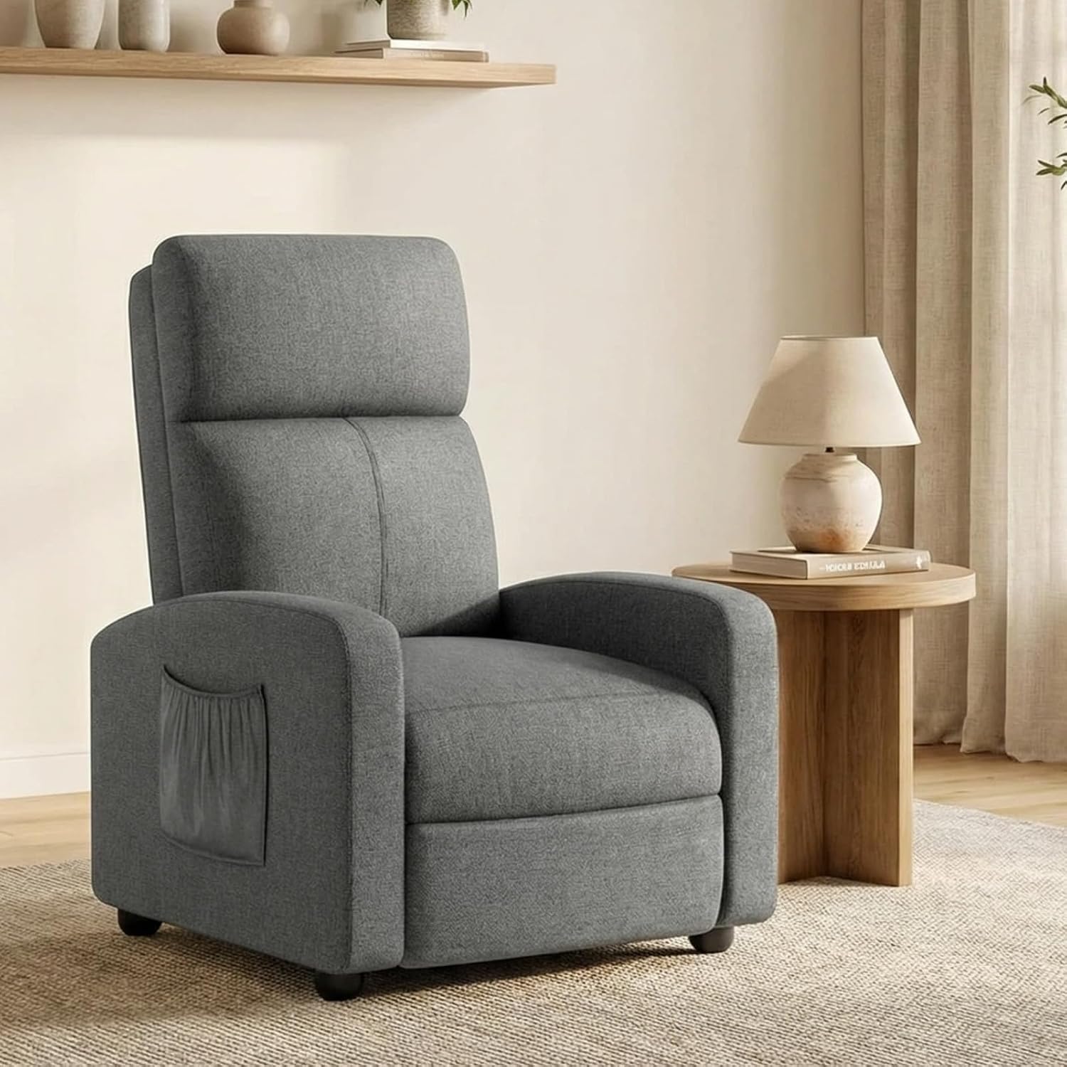 ComfyCorner Recliner Chair for Adults, Reclining Sofa with Side Pocket, Linen Fabric Recliner Sofa with Adjustable Backrest and Footrest, Modern Home Theater Seating for Living Room, Bedroom