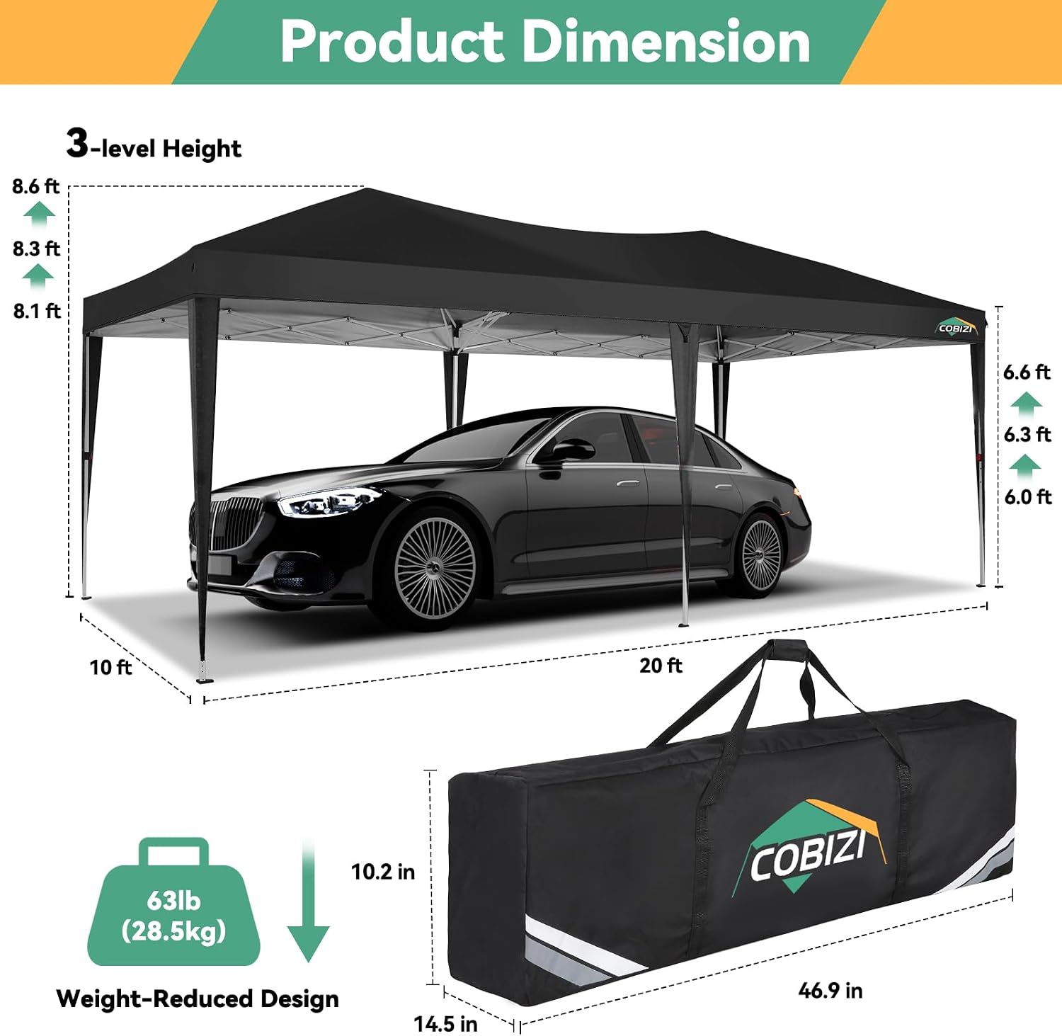 COBIZI 10x20 Canopy Tents for Parties 10x20ft Easy Setup Pop up Tents with Sidewalls & One Push Lock Waterproof Outdoor Large Shelter Party Tent for Wedding Car Port Events Patio Gazebo(Black)
