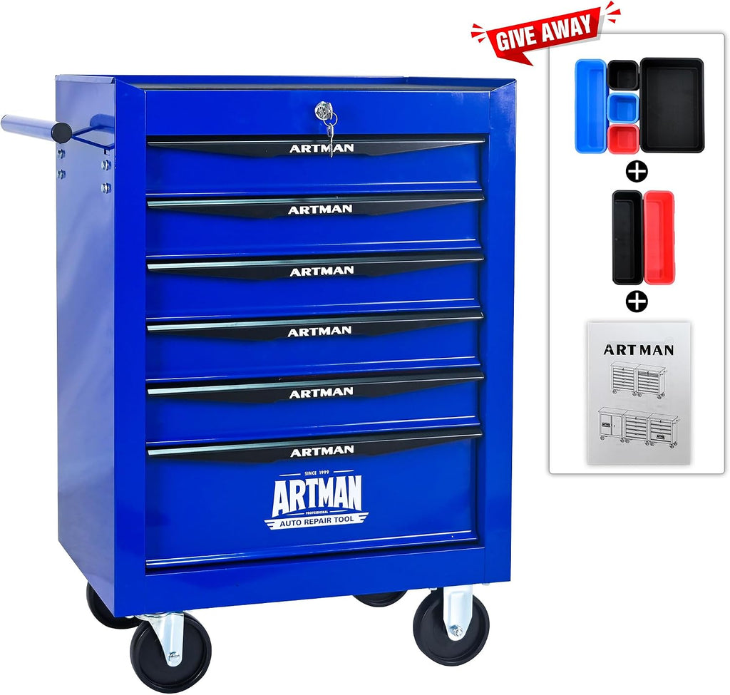 Rolling Tool Box with Wheels, Mechanics Tool Chest with 6 Drawers, Tool Box Organizer with 7 Tool Storage Boxes, Lockable Tool Storage Cabinet for Home Garage Workshop Warehouse Repair Shop, Blue