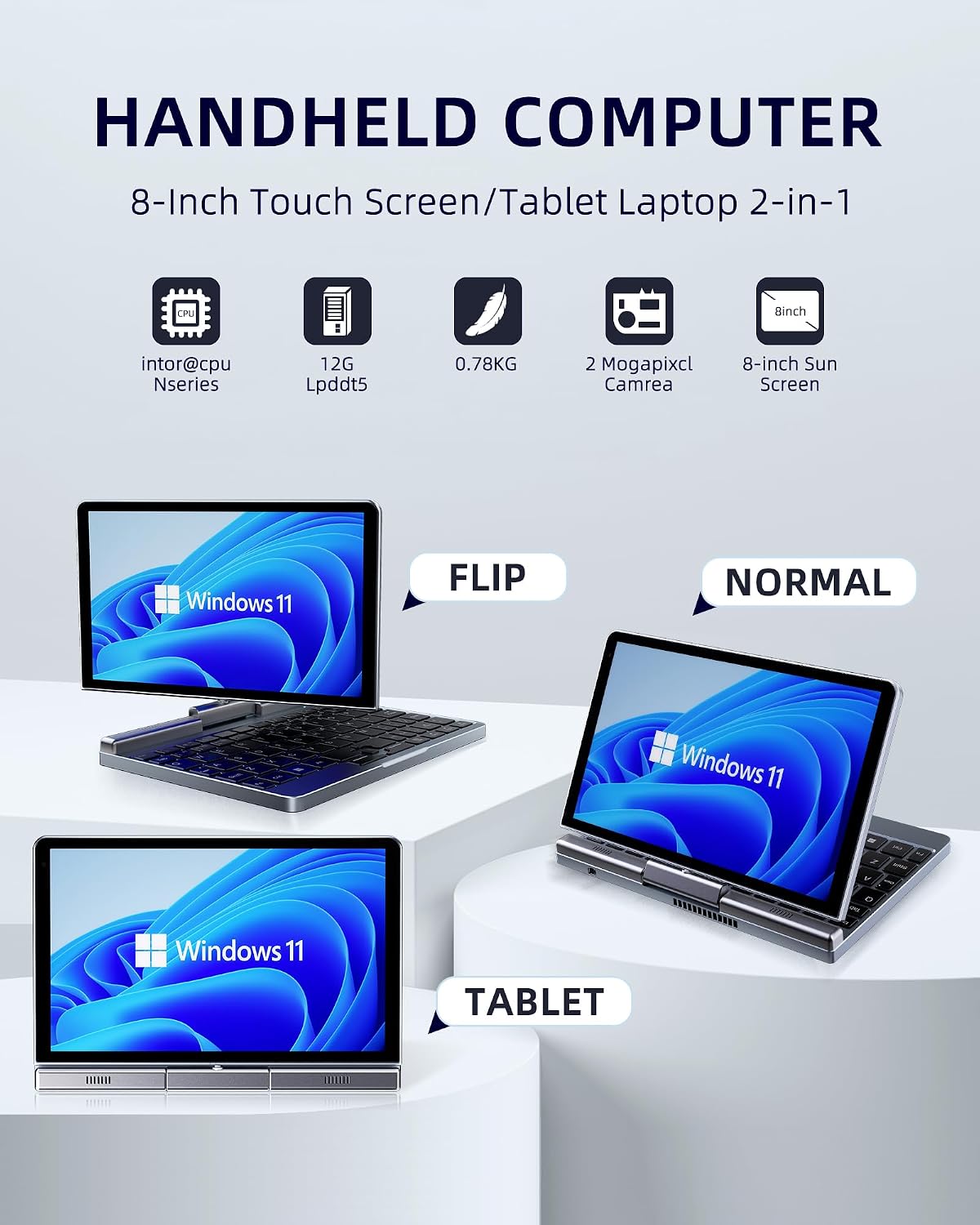 8' Mini Laptop 2-in-1 HD Touchscreen Portable, Win 11 Pro Portable Pocket PC, N150 12 GB LPDDR5 512 GB M.2 SSD, Wi-Fi 6, BT 5.2 2 MP Camera, G-Sensor, HDMI, Type C