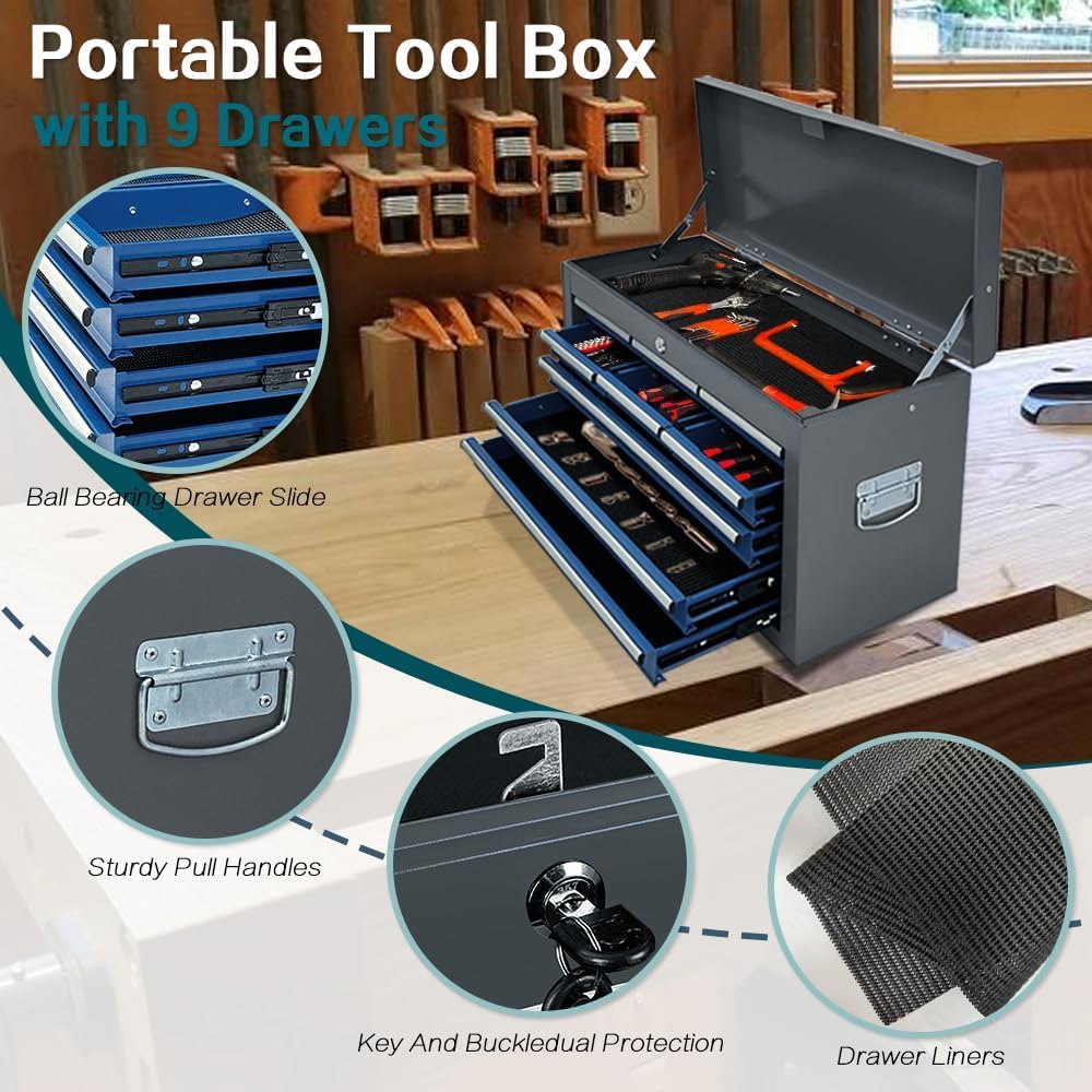 13 Drawers Tool Chest with Wheels, Rolling Tool Box with Drawers, Metal Tool Cabinet for Garage, Workshop(Blue-Gray)