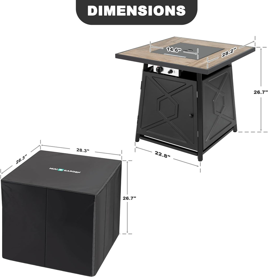 Nuu Garden 28 Inch Outdoor Propane Fire Pit Table, 50,000 BTU Square Gas Fire Table with Ceramic Tabletop, Lid, Cover, Lava Rock for Garden Backyard Party, Black