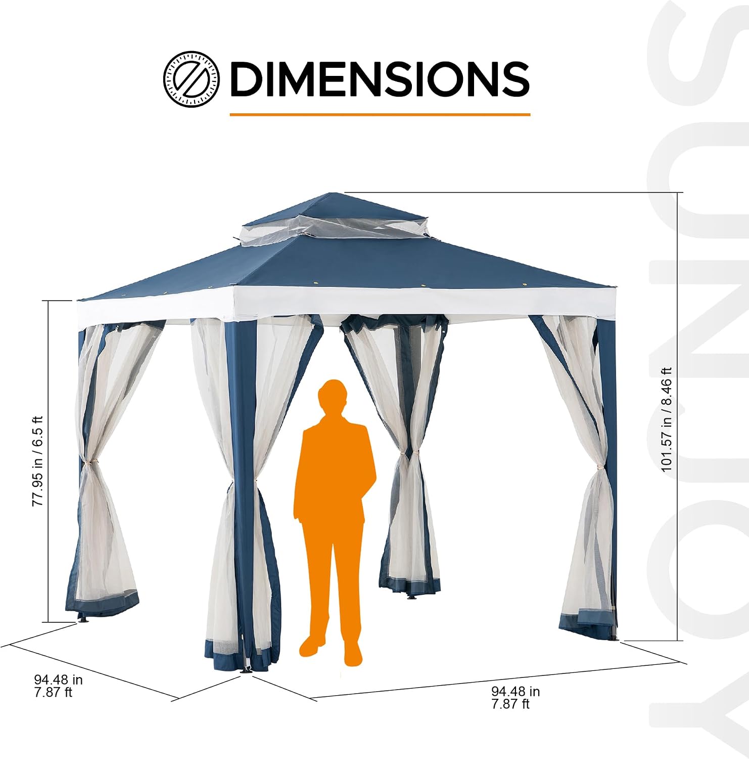 Sunjoy 8 x 8 ft. Soft Top Gazebo, Outdoor Patio Backyard Modern 2-Tier Steel Frame Gazebo with Mesh Netting - Navy Blue & White