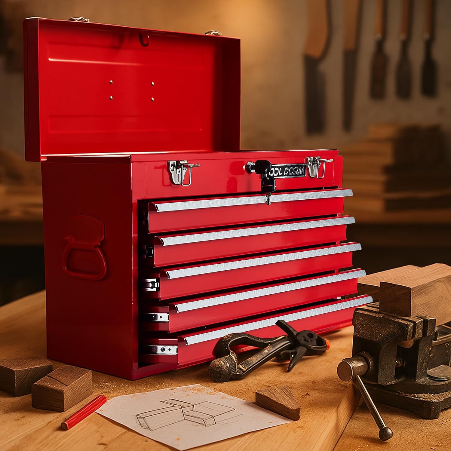 Metal Tool Box with 5 Drawers Portable Steel Tool Chest with Metal Cylinder Lock and Latch Closure, Liner, Red Powder coating, suitable for Garage, Warehouse and Outdoor Repair job
