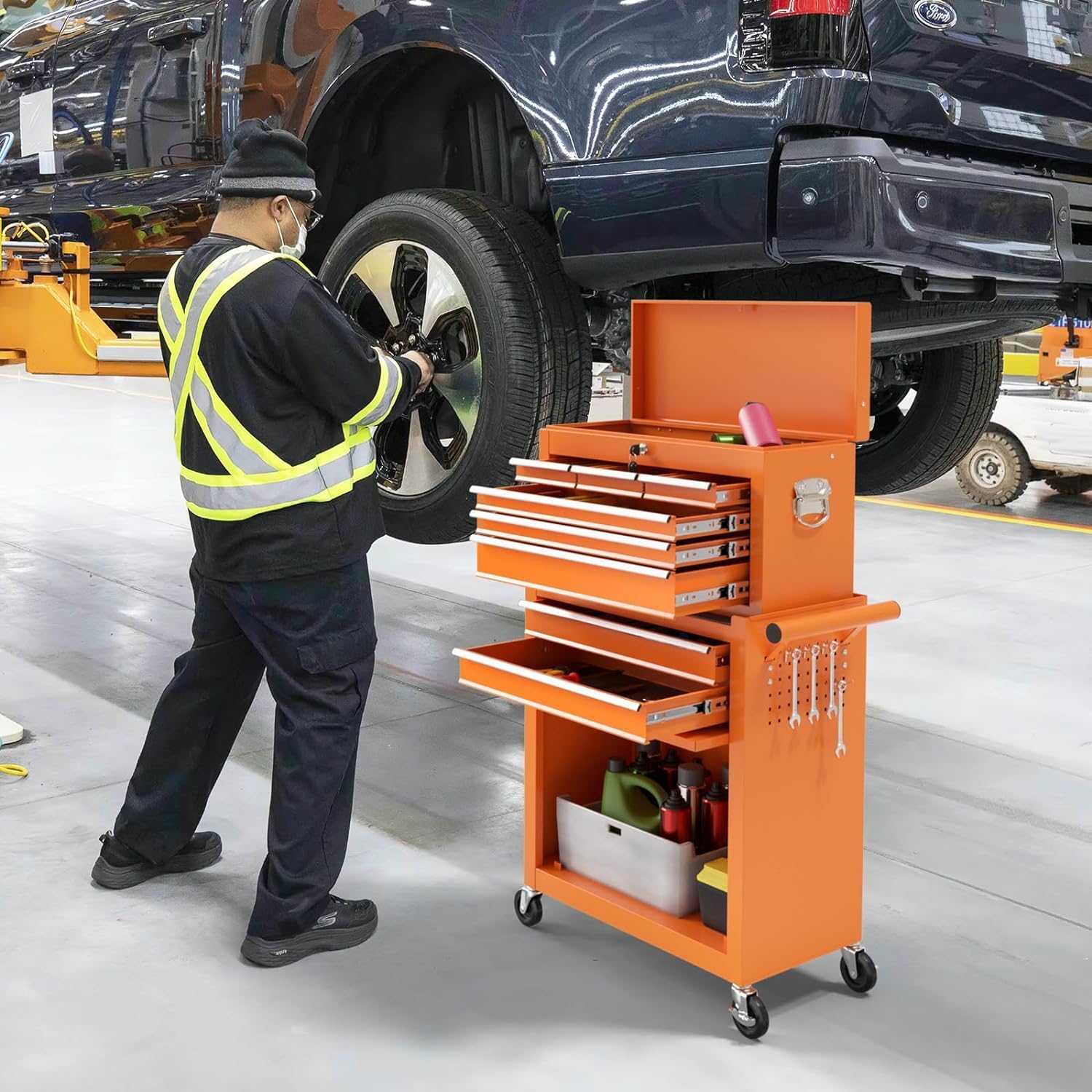 8 Drawer Rolling Tool Chest, High Capacity Tool Box with Lockable Wheels and Drawers, 2 in 1 Portable Toolbox Organizer Storage Cabinet For Garage, Warehouse, Repair Shop, Orange
