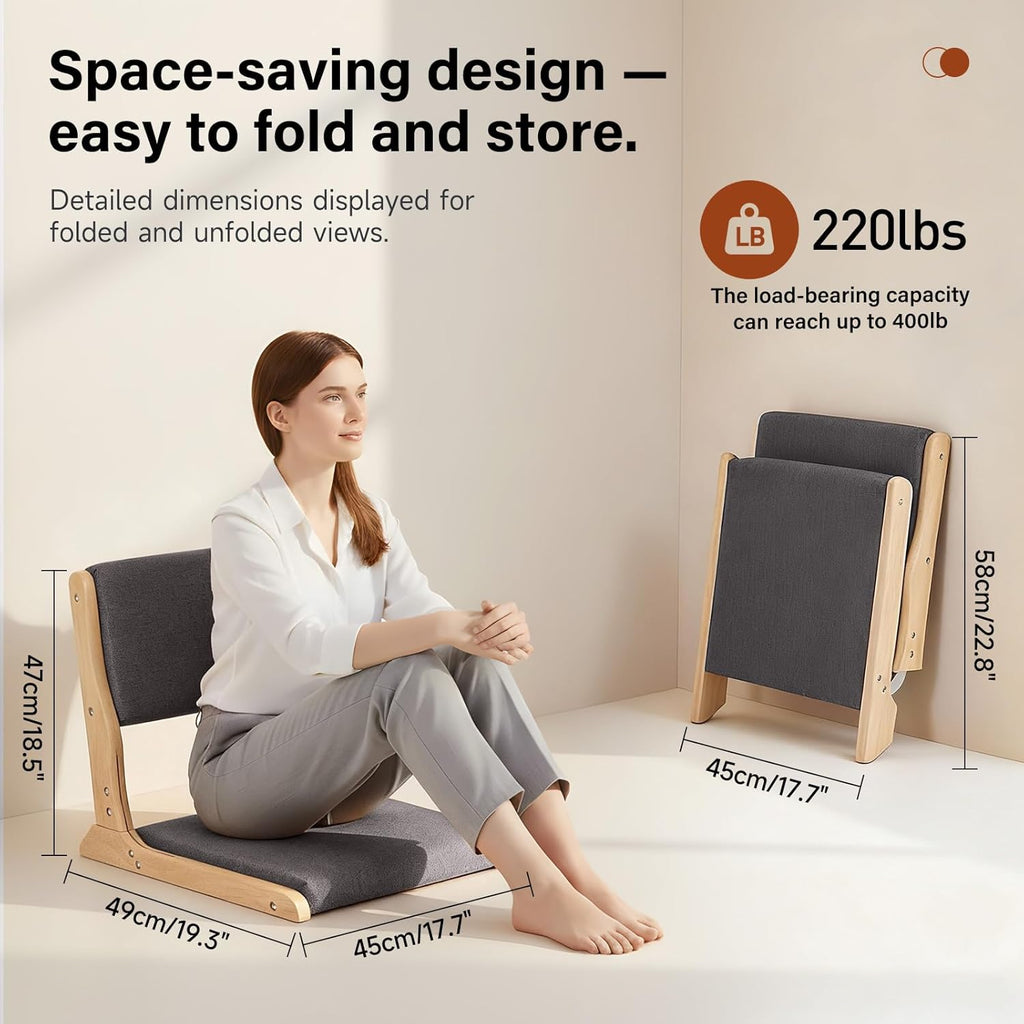 Tiita Floor Chair with Back Support, Foldable Meditation Tatami Chairs, Backrest Chair with Cushion, Living Room Chair Seat 2 Pack, Wood Dark Grey