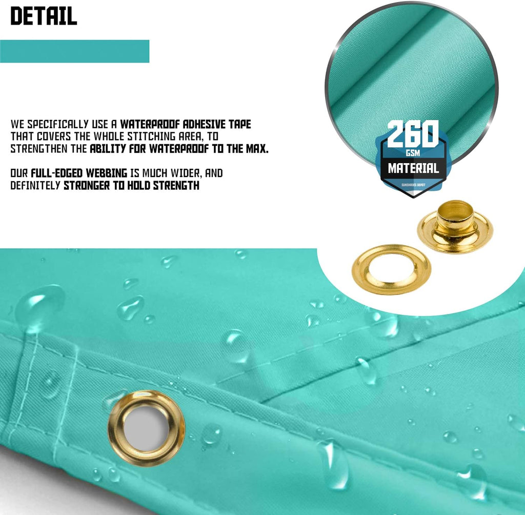 TANG 12' x 16' Waterproof Shade Cloth with Grommets, Sun Shade Sail Rectangle Straight Side, 260 GSM UV Block Fabric Patio Canopy for Deck Carport Backyard Pergola Cover, Turquoise