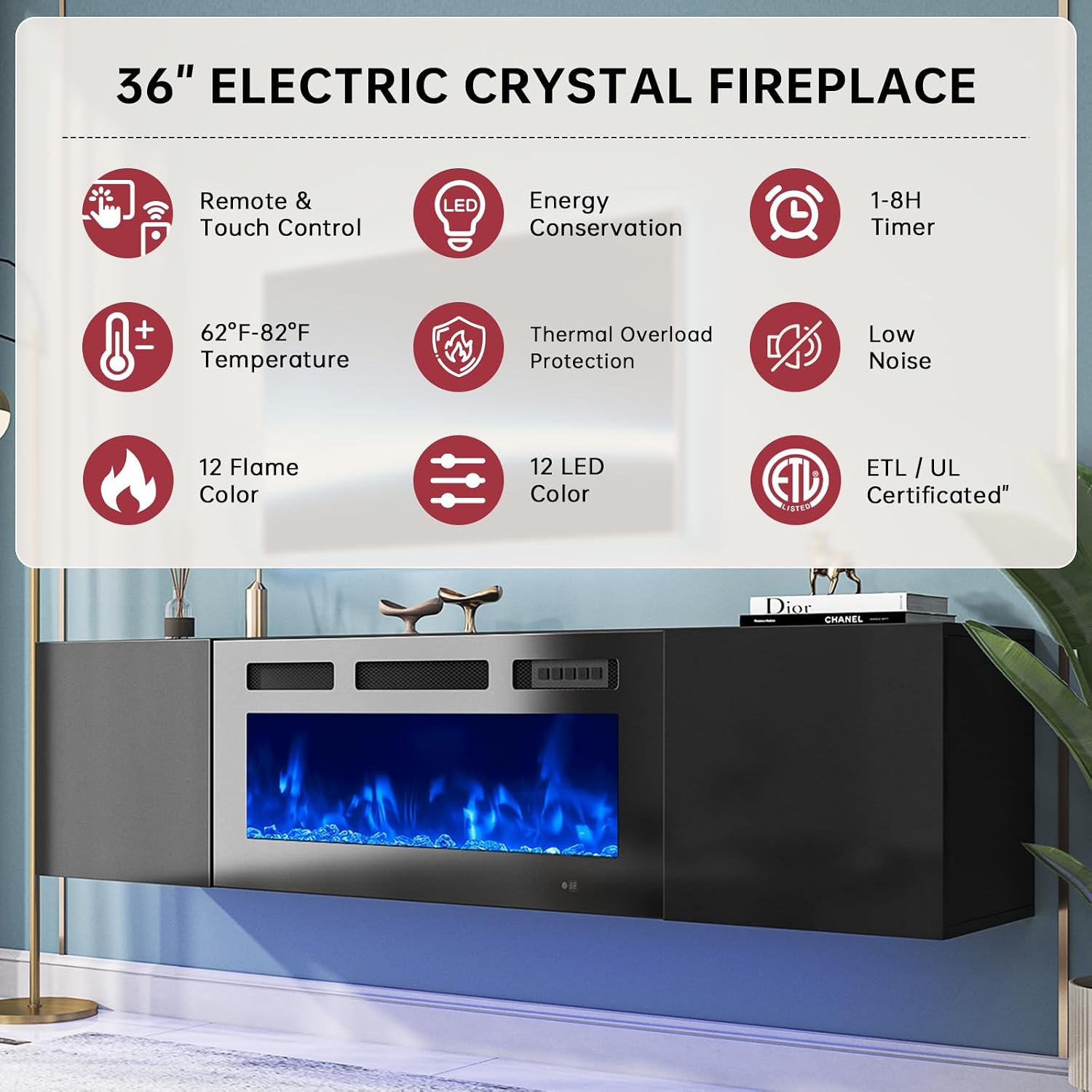 oneinmil 70' Floating TV Stand with 36' Electric Fireplace, Wall Mounted Fireplace Entertainment Center with Storage, Fire Place TV Console for Living Room, All Black