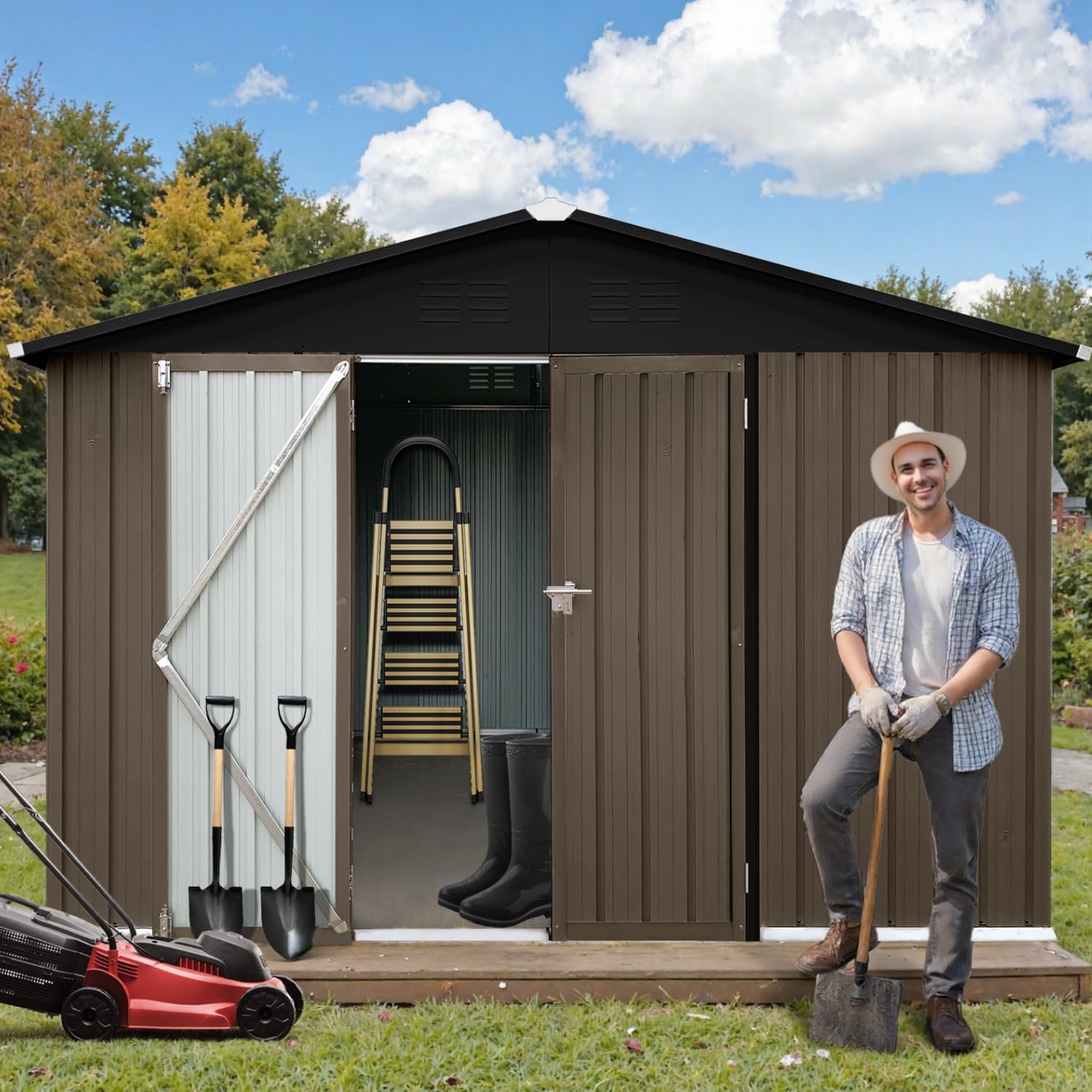 LINKHOO 12'x10' Metal Garden Shed,Outdoor Storage, Brown & Black