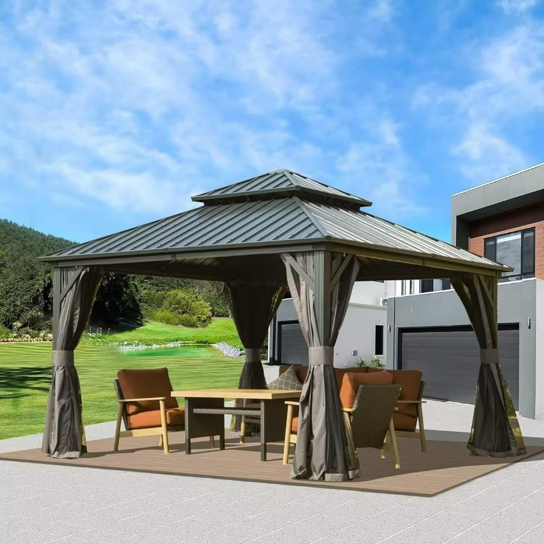 Domi 12x12FT Outdoor Gazebo, Patio Gazebo with Galvanized Steel, Hardtop Gazbo for Patio, Deck, Backyard, Curtain and Netting Included