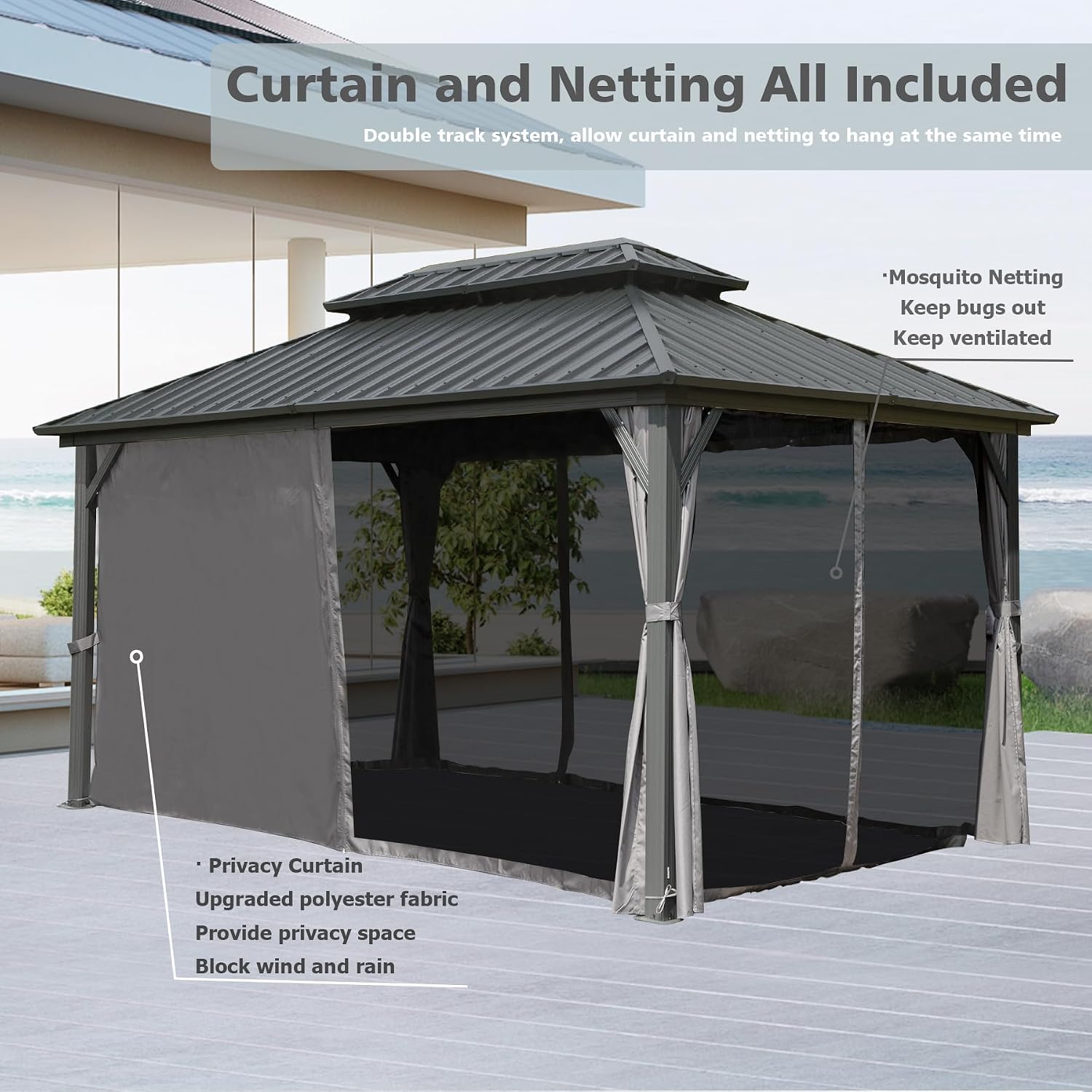 10' x 12' Hardtop Gazebo, Outdoor Aluminum Gazebo with Galvanized Steel Double Roof Canopy, Outdoor Permanent Metal Pavilion with Curtains and Netting for Patio, Backyard and Lawn, Dark Grey