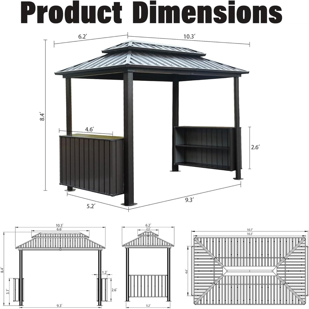 Hardtop Grill Gazebo, 2 Side Shelves & Ceiling Hooks, Permanent Outdoor BBQ Canopy with Galvanized Steel Roof, Metal All-Steel Frame for Patio, Backyard, Deck, Lawn, (Gray, 6x10FT Classic Roof)