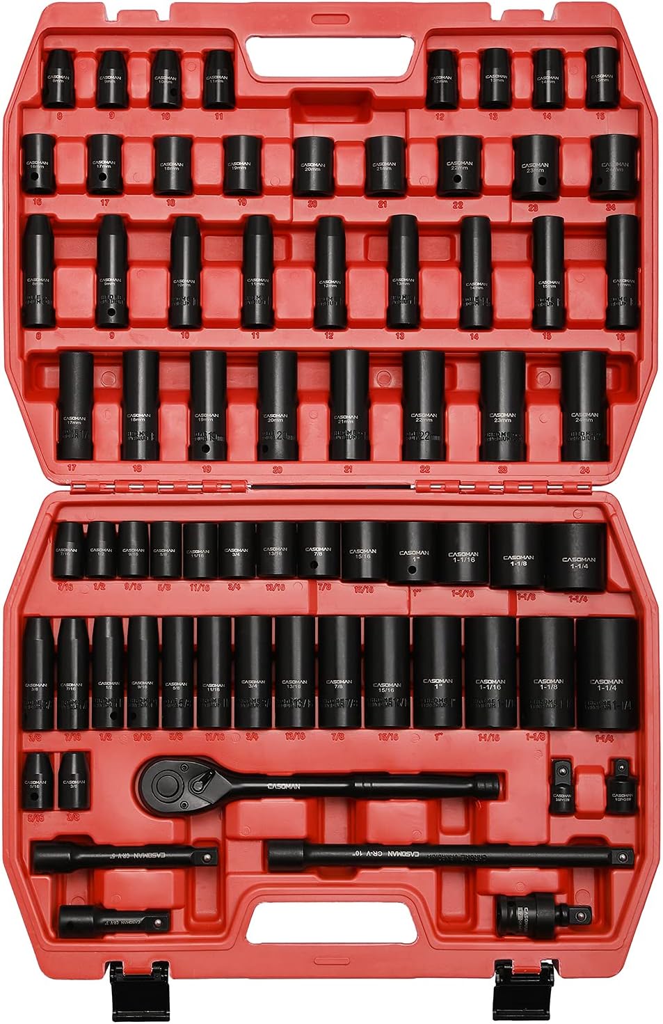 CASOMAN 1/2-inch 70 Pieces Impact Socket Master Set, SAE & Metric from 5/16'-1-1/4',8-24mm, Shallow/Deep Socket with Ratched Hand, Extension Bar and Adapters