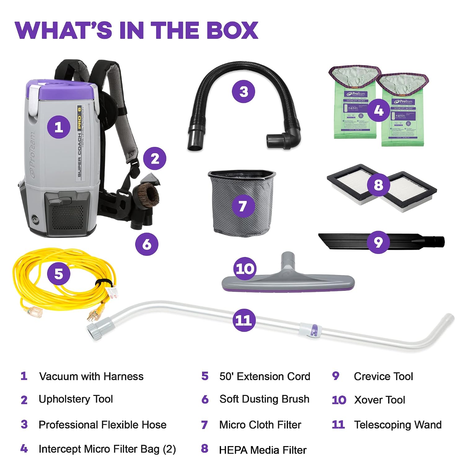 ProTeam Super Coach Pro 6 Backpack Vacuum Commercial with Telescoping Wand Tool Kit, 6 Quart, Corded, 107310