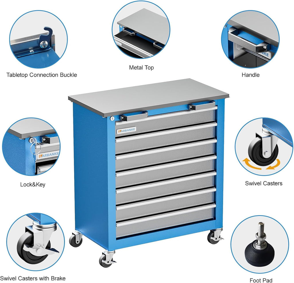 LARBANKE Tool Chest,7-Drawer Rolling Toolbox Chest,Rolling Tool Chest on Wheels with Keyed Locking System,and 4 Foot Pad,Tool Chet can be Combined Cabinet Set with 5-Drawer Tool Chest,for Garage