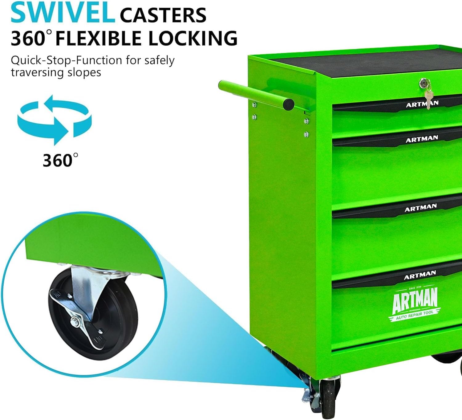 4 Drawers Tool Cart on Wheels, Multifunctional Rolling Tool Chest, Drawers Mobile Trolley Organizer Heavy Duty Tools Box with Locking Wheels & Ball Bearing Drawers (Green, 4 Drawers)