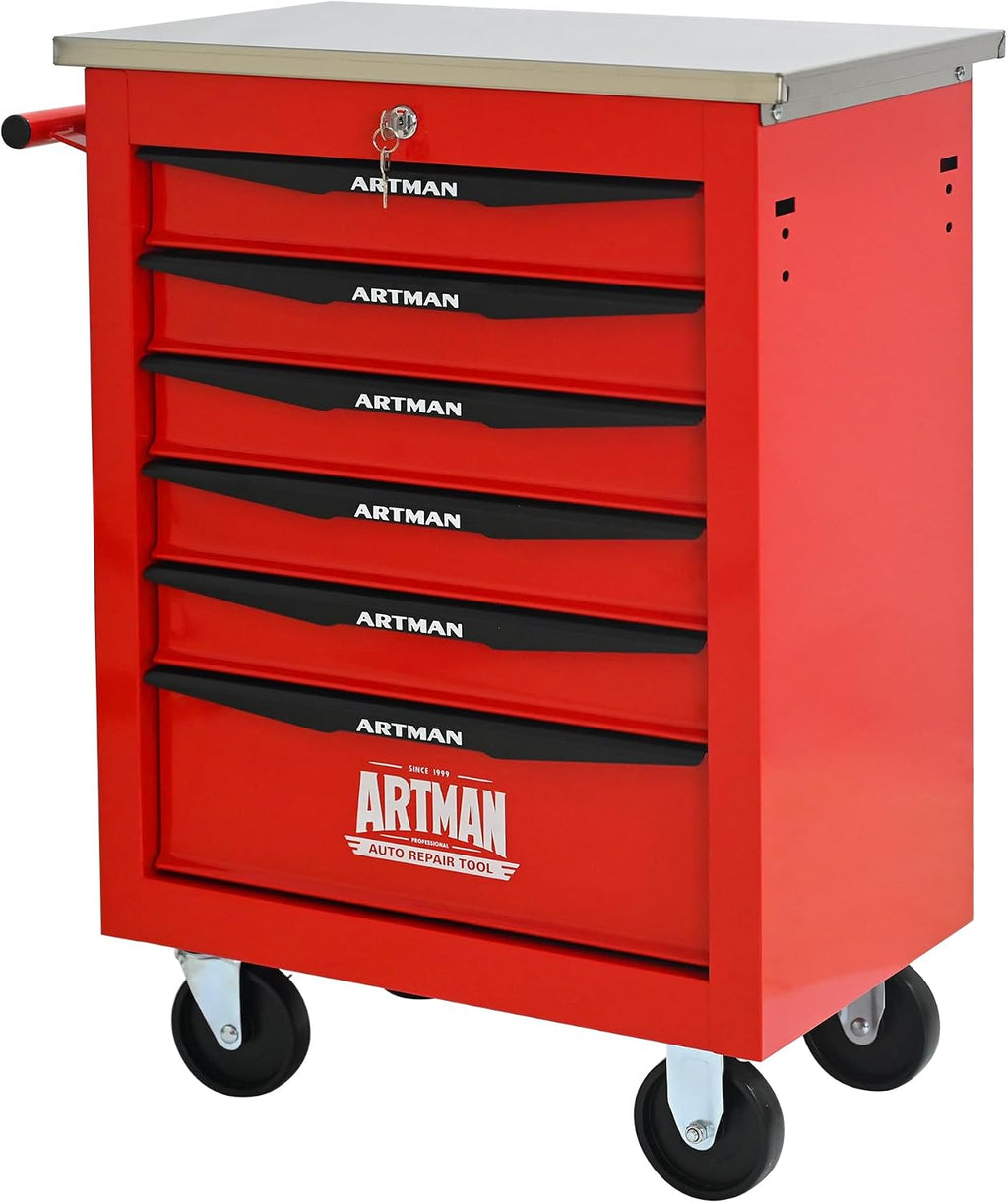 6 Drawers Rolling Tool Box on Wheels, Stainless Steel Countertop Tool Chest Cabinet with Lock, Drawers Rolling Tool Cart Trolley Organizer Tool Case for Garage,Warehouse (Red)