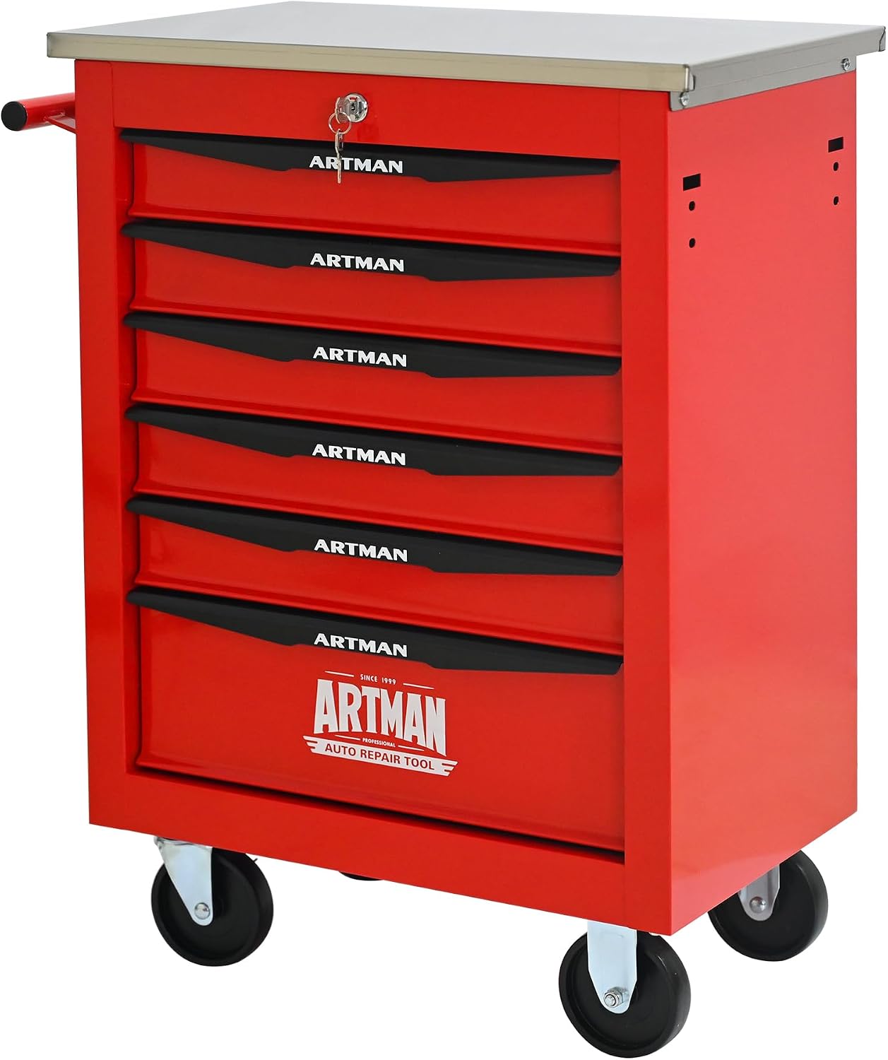 6 Drawers Rolling Tool Box on Wheels, Stainless Steel Countertop Tool Chest Cabinet with Lock, Drawers Rolling Tool Cart Trolley Organizer Tool Case for Garage,Warehouse (Red)