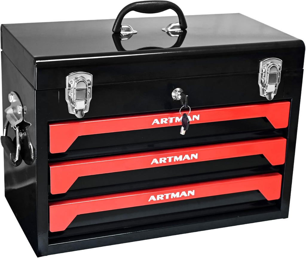 20' Portable 3 Drawer Steel Toolbox,Built in Tool Set,4 Layers of Tools with Metal Latches, with Top Storage Tray and carrying Handle, Multi-Function Tool Storage for Garage, Home,or Workbench
