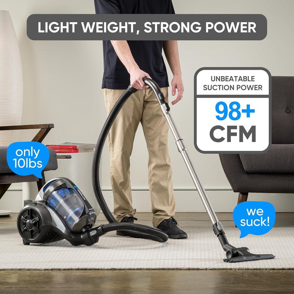 Prolux RS4 Bagless Canister Vacuum, Lightweight with Dual HEPA Filtration, 25 Foot Retractable Cord, Telescopic Wand, Versatile for Wood Floor, Carpet, Home, Office, Apartment, RV, Dorm Room