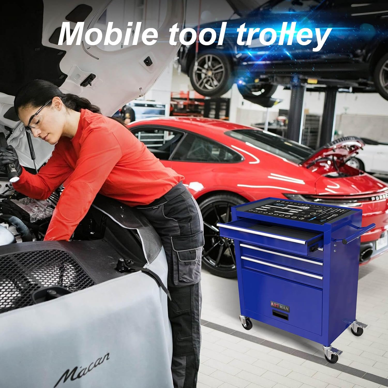 Tool Chest with 233 Pcs Tool Sets, 4-Drawer Blue Tool Cabinet - Rolling Tool Cart On Wheels for Mechanics Heavy-Duty Metal Tool Box Storage Cabinets for Garage (Blue)
