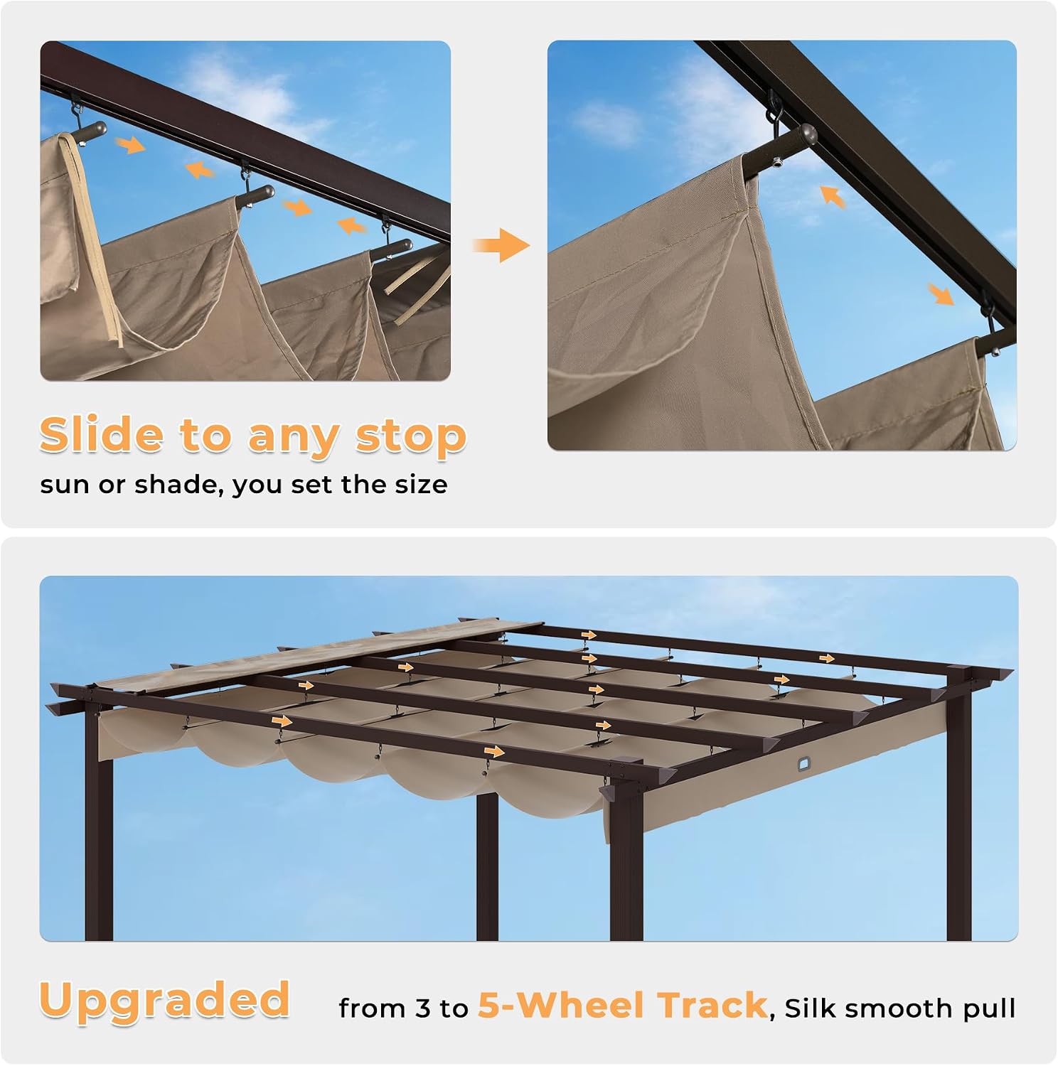 HAPPATIO 10' X 10' Retractable Pergola with Sun Shade Canopy, Patio Aluminum Frame Shelter for Backyards, Gardens, Porch, Includes Ground Studs and Expansion Screws (Brown)
