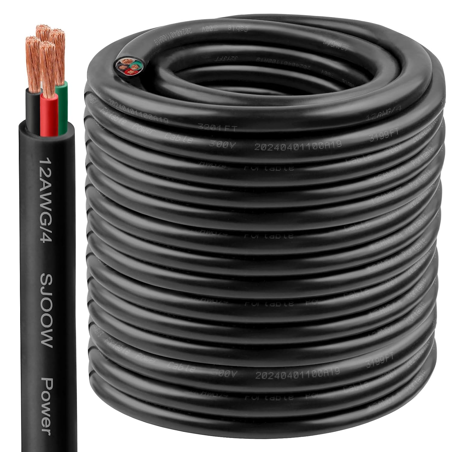 12/4 SJOOW Wire 200FT, 12 AWG 300V SJOOW Bulk Cable, 12 Gauge 4 Conductor Portable Cable for Welder,Generator,Portable Light,Circuits,EV Car Charger,Motor Lead