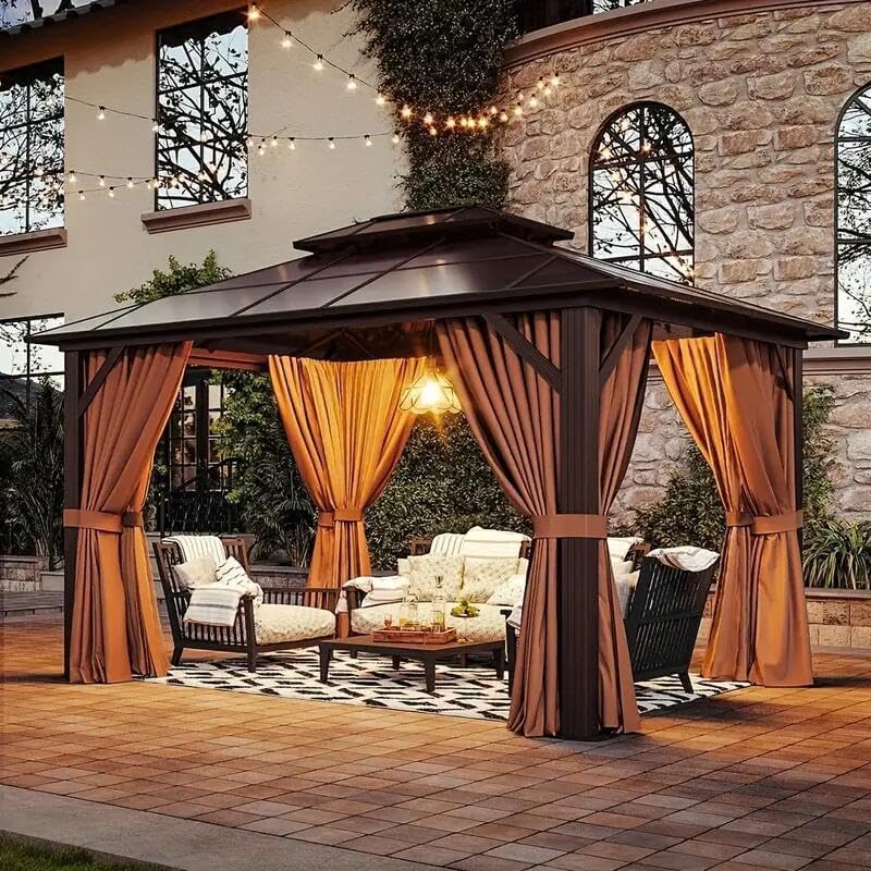 Hardtop Gazebo 10x12FT Hardtop Gazebo, Aluminum Frame Permanent Pavilion with Curtains and Netting, Outdoor Polycarbonate Gazebo, Double Roof Canopy, for Gardens, Patios, Lawns