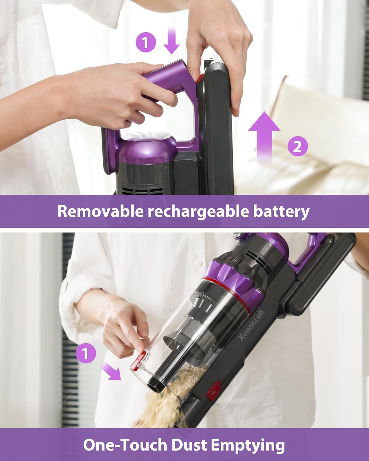 Cordless Vacuum Cleaner, 75Mins/55KPa/650W Freestanding Stick Vacuum Cleaners for Home, Rechargeable, Lightweight, Cone Filtration&Anti-Tangle, for Hard Floor, Carpet, Hardwoods, Pet Hair