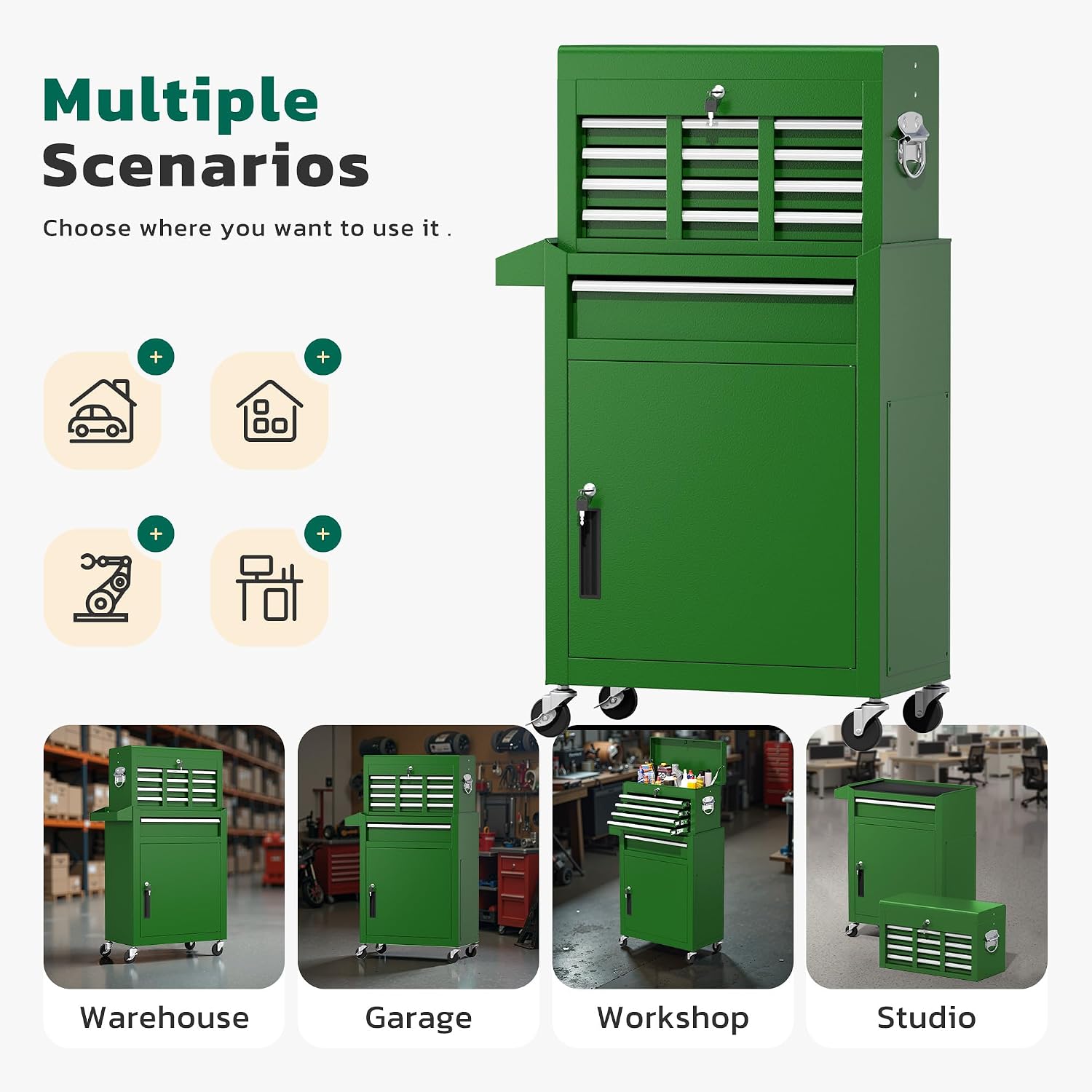 Greenvelly Tool Chest, 5-Drawer Rolling Tool Chest with Hooks and Lockable Wheels, Detachable Top Tool Box, Toolbox with Wheels, Rolling Tool Box for Mechanics Garage Workshop and Tool Room (Green)