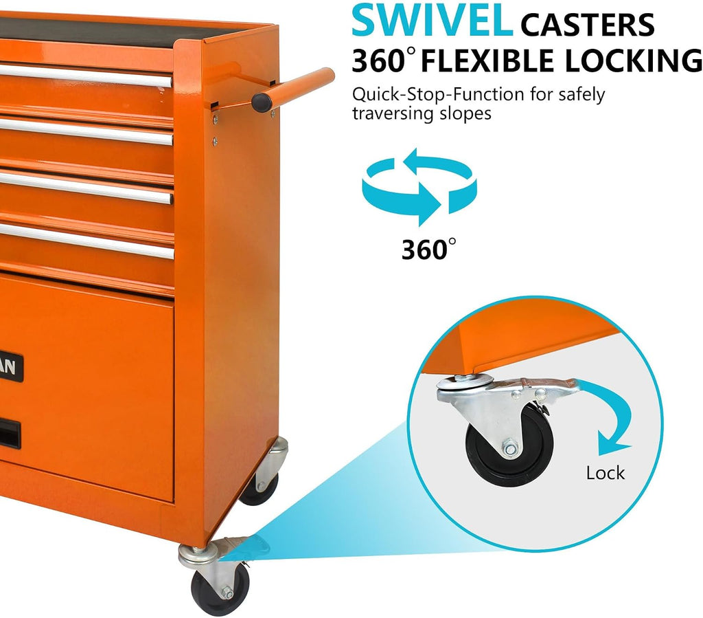4 Drawers Rolling Tool Cart on Wheels, Trolley Organizer Tool Case Tool Chest, Multifunctional Tool Storage Tool Box for Workshop, Garage, Warehouse, Repair Shop(24.2'W×12.9'D×29.9'H-Orange)