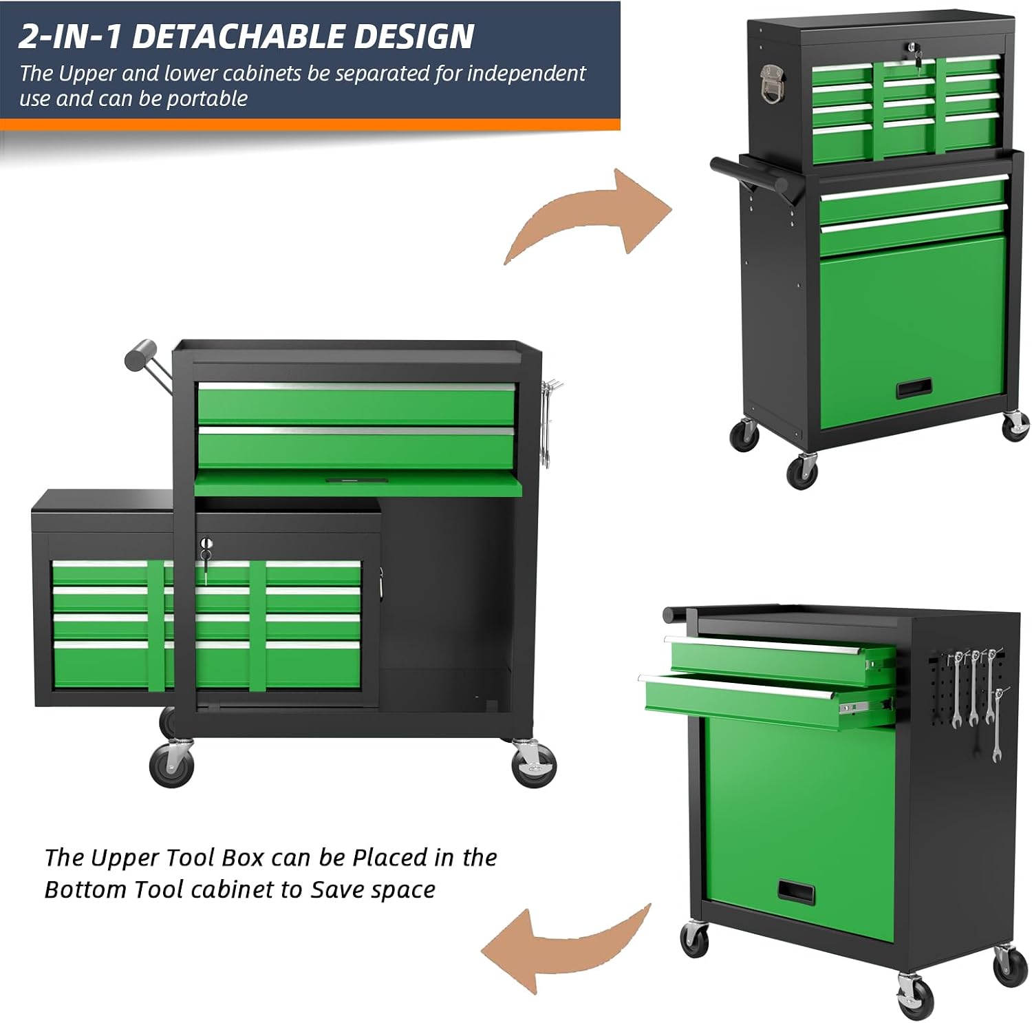 8-Drawer Rolling Tool Box, Lockable Rolling Tool Chest with Wheels and Drawers, 2 in 1 Large Capacity Storage Tool Cabinet for Warehouse, Garage, Tool Room and Repair Shop (Black&Green)