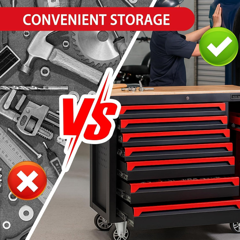 Rolling Large Tool Chest Cabinets 36.2-Inch 7 Horizontal Drawers and 1 Vertical Side Drawer 4 Wheels Workbench with Rubber Wooden Table Rolling Tool Box with Drawers and Locking System