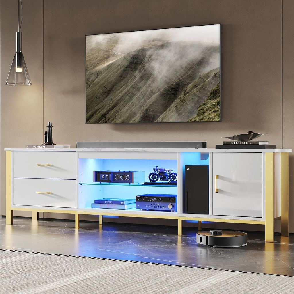 Bestier TV Stand for 75/80/85 inch TVs, LED Gaming Entertainment Center, Media Console with Glass Shelves for Living Room, 2 Storage Drawers & Cabinets for Bedroom, White Glossy
