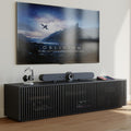 POVISON Full Assembled Mid Century Modern TV Stand, Black Entertainment Center for 65 inch TV, Wood Slatted Media Console with Storage, Low TV Cabinets for Living Room Bedroom, Oak Veneer