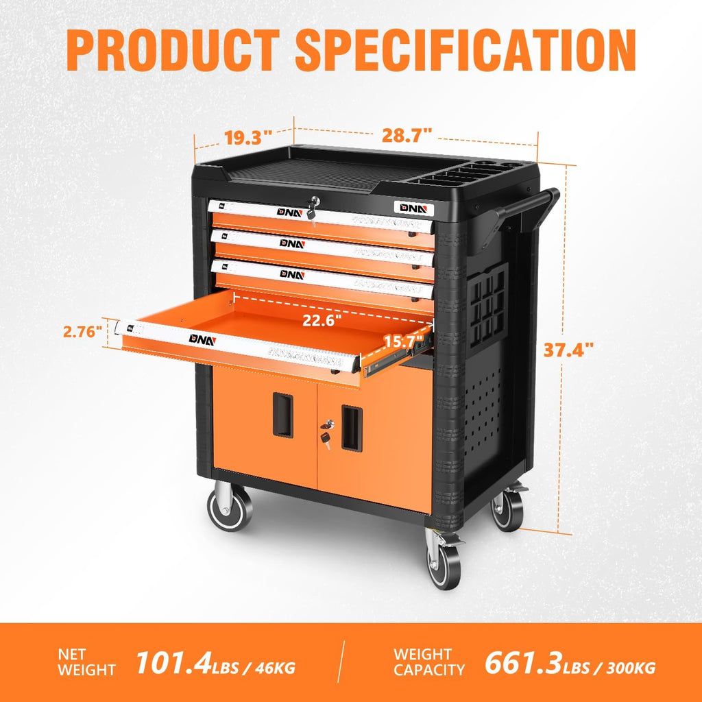 DNA Motoring 4-Drawer Rolling Tools Chest, Rolling Tool Storage Cabinet, Heavy Duty Mechanic Tool Cart, Trolley Organizer for Garage, Warehouse, Workshop, Orange, TOOLS-00402