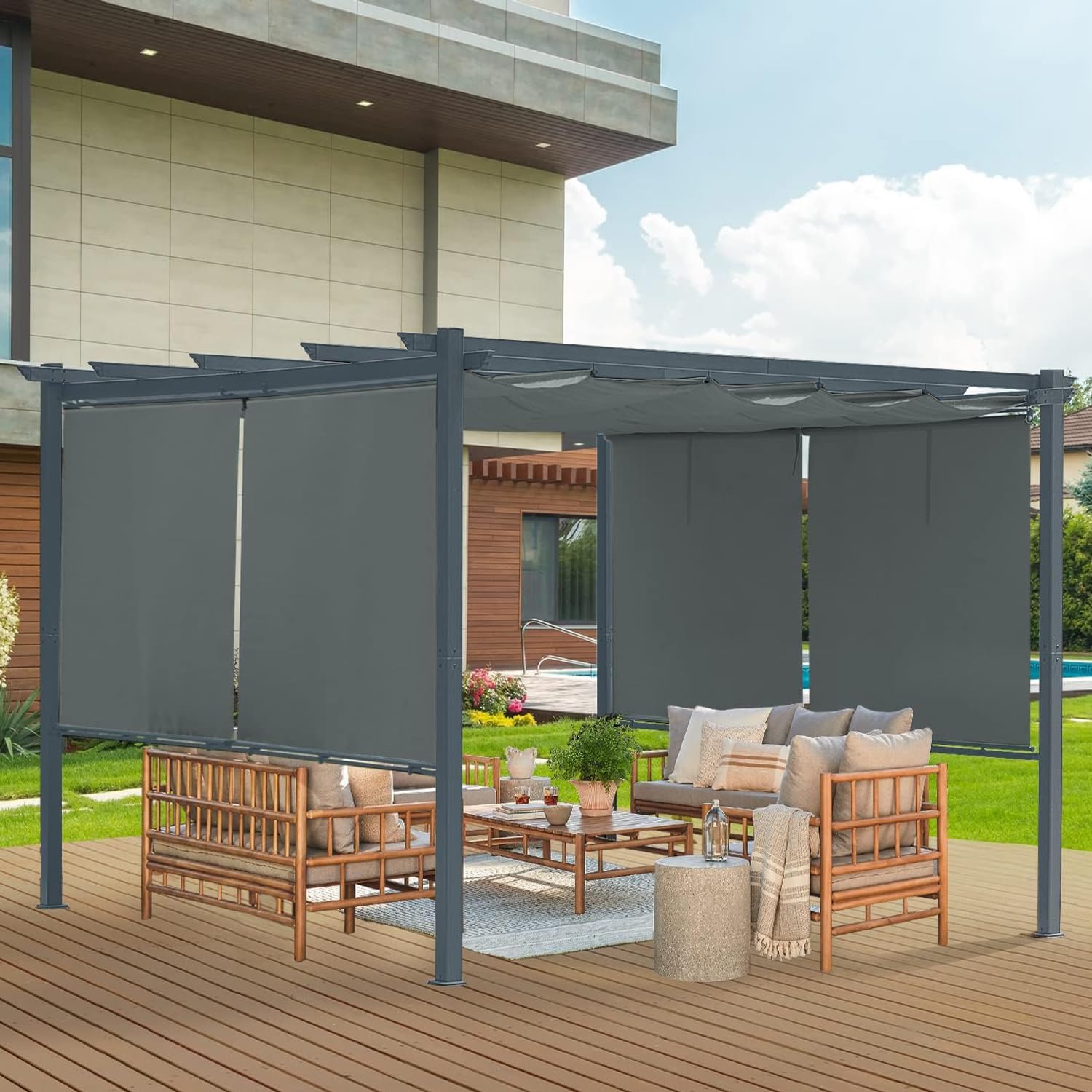Aoodor 10 x 12 ft Outdoor Pergola with Retractable Shade Canopy, Matte Aluminum Frame, 4 Roller Shade Curtains, Grape Trellis for Patio, Backyard, Garden, and Deck, Grey