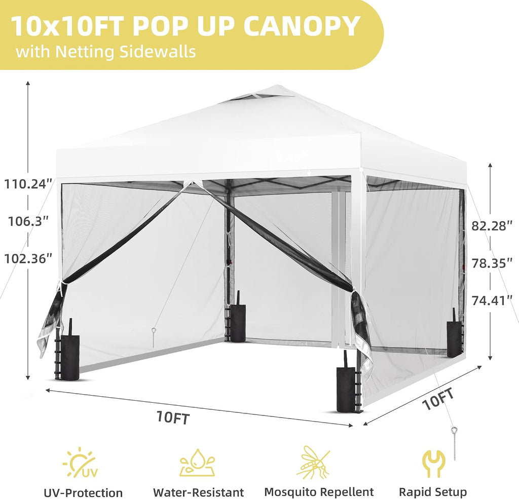GDY 10x10 Pop up Canopy Tent with Mosquito Netting, Easy up Gazebo for Patio, Camping and Garden, Includes 4 Sandbags, White