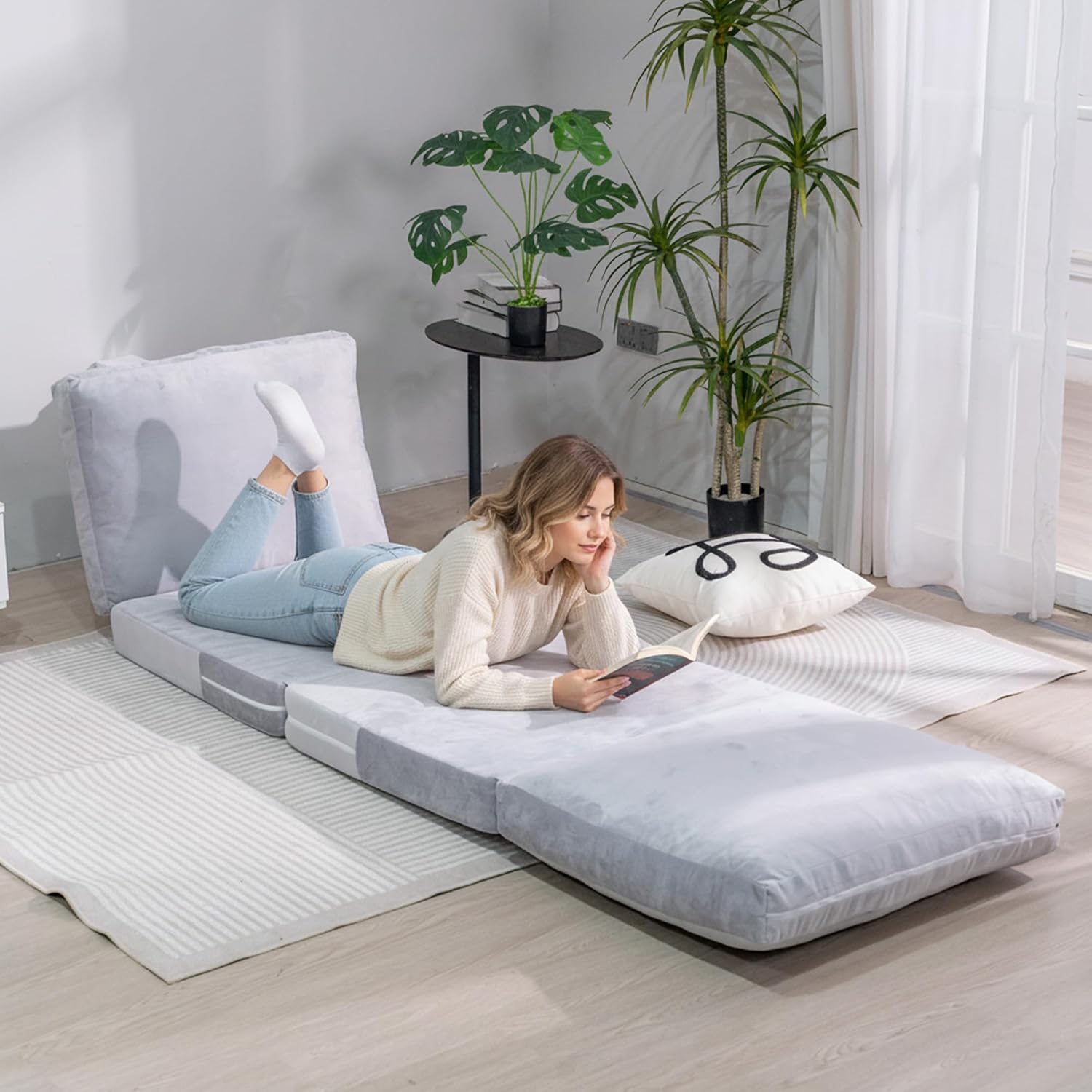 Cvortll 4-in-1 Folding Sofa Bed, Memory Foam Bean Bag Chair, Large Convertible Couch, Floor Foldable Sofa for Bedroom, Living Room, Apartment(Grey-Small)