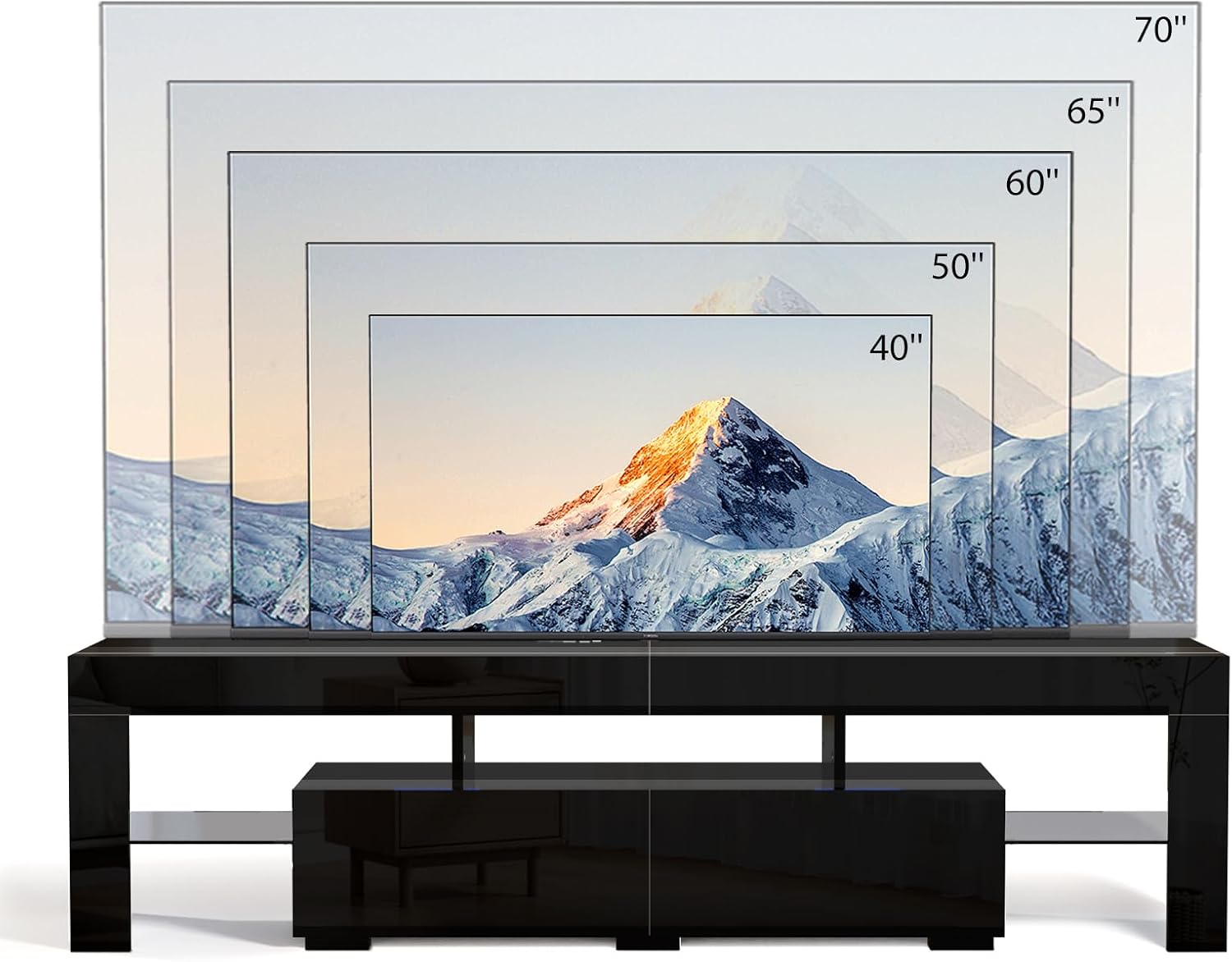 Bonnlo 63' LED TV Stand, Modern Black Entertainment Center with LED Lights and Storage for 55/60/65/70 Inch TVs, High Gloss Design for Living Room and Bedroom (Black, 63'' x 14'' x 18'')