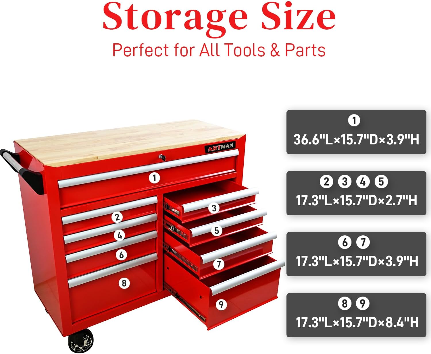 Heavy Duty Rolling Tool Chest with 9-Drawer Wood Top Tool Cart Mechanic Tool Box with Wheels Tool Storage Cabinet Mobile Workbench Tool Bench for Garage, Warehouse, Workshop, Repair Shop (Red)