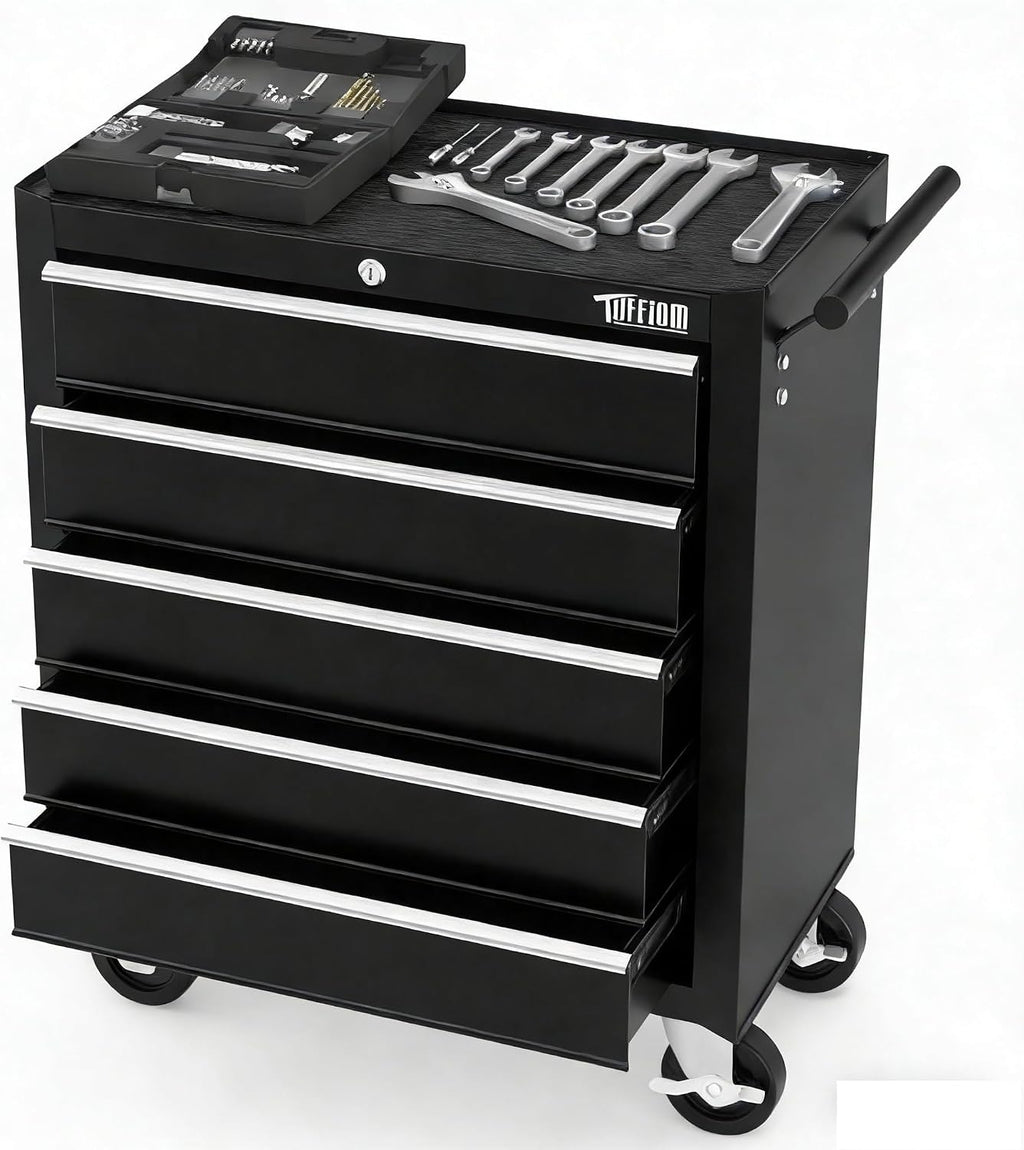 TUFFIOM 5-Drawer Rolling Tool Chest w/Drawers & Lock, Tool Storage Cabinet with Lockable Wheels, Top Cushion & Drawer Liners, Tool Organizer Box for Garage, Warehouse & Repair Sho