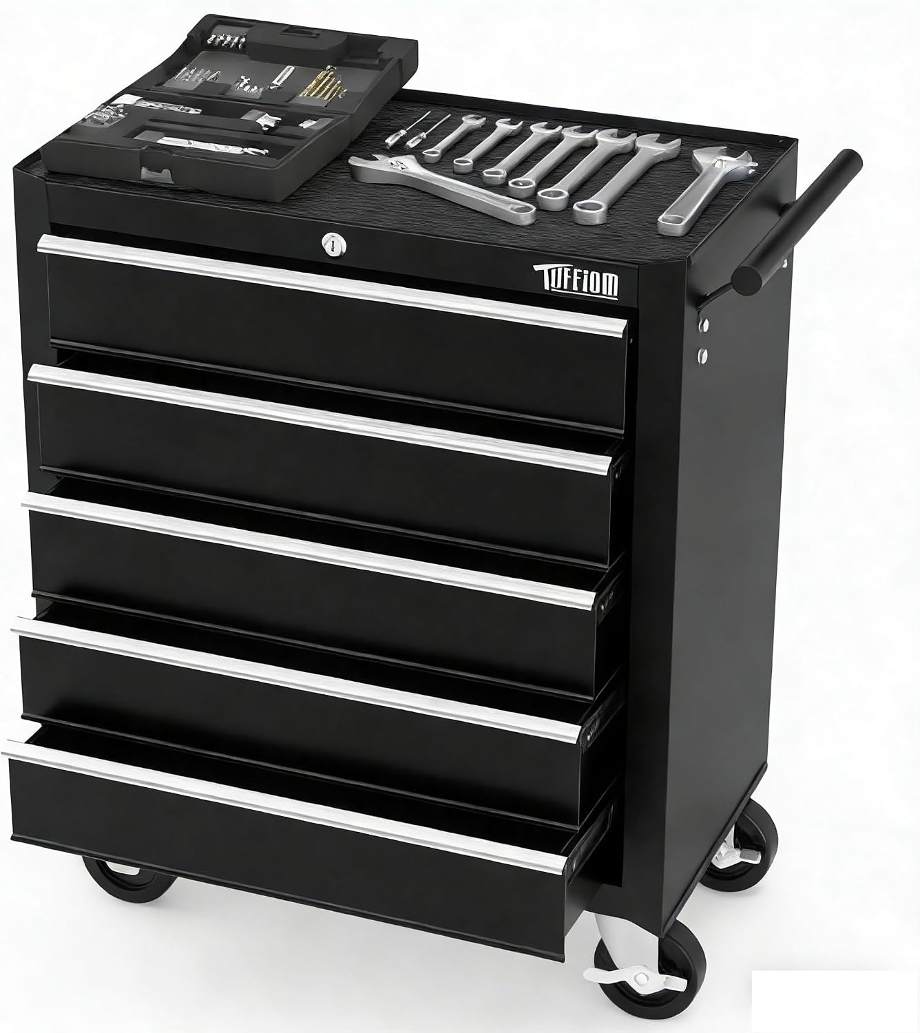 TUFFIOM 5-Drawer Rolling Tool Chest w/Drawers & Lock, Tool Storage Cabinet with Lockable Wheels, Top Cushion & Drawer Liners, Tool Organizer Box for Garage, Warehouse & Repair Sho