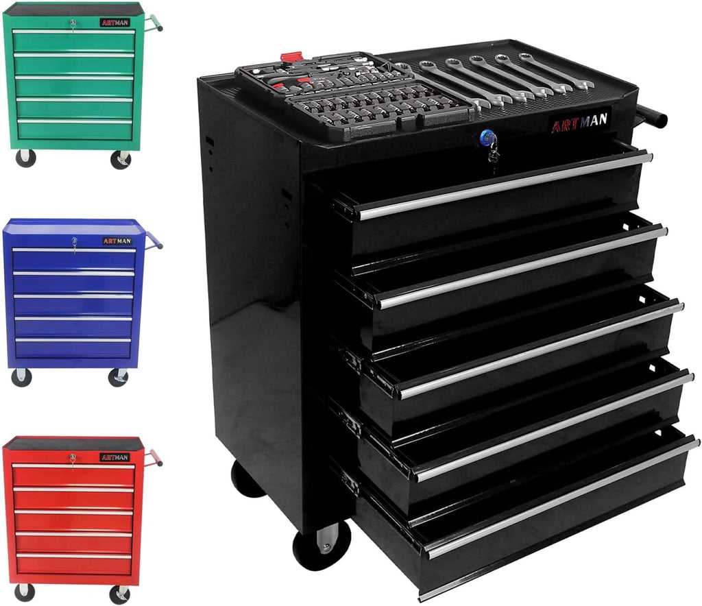 Rolling Tool Chest, 5-Drawer Tool Cabinet with Wheels, Heavy-Duty Steel Tool Storage Cabinet, Lockable Tool Box on Wheels for Garage & Workshop, Black