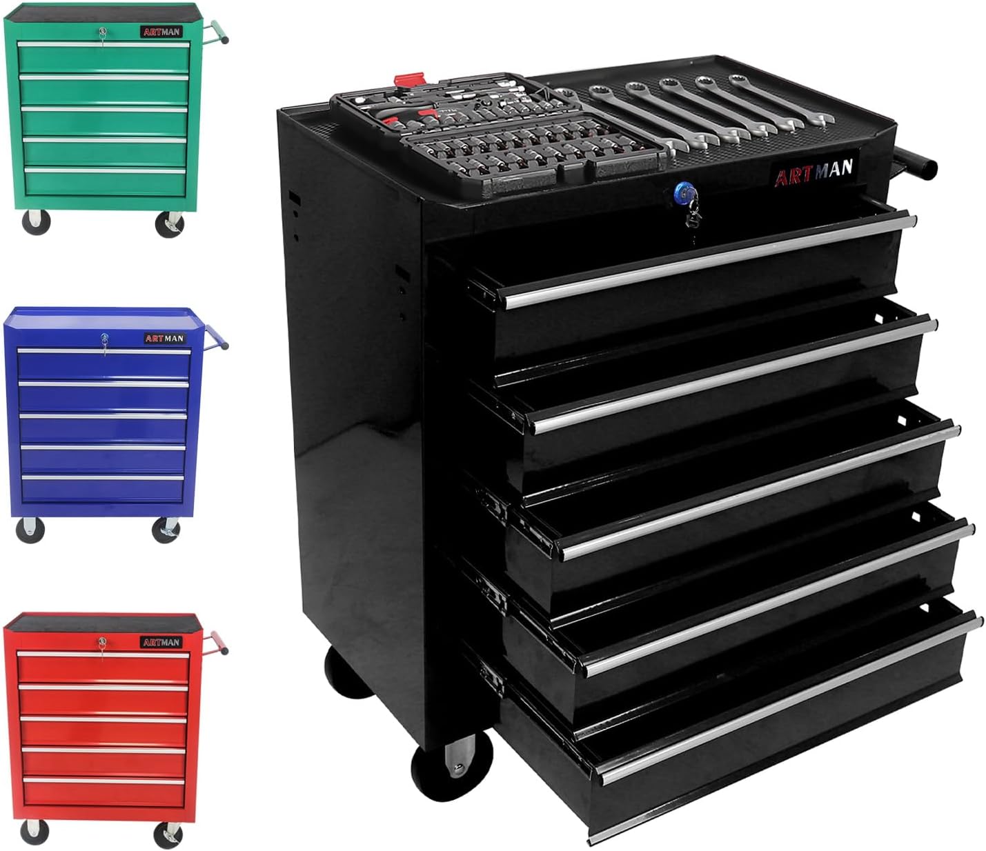 Rolling Tool Chest, 5-Drawer Tool Cabinet with Wheels, Heavy-Duty Steel Tool Storage Cabinet, Lockable Tool Box on Wheels for Garage & Workshop, Black